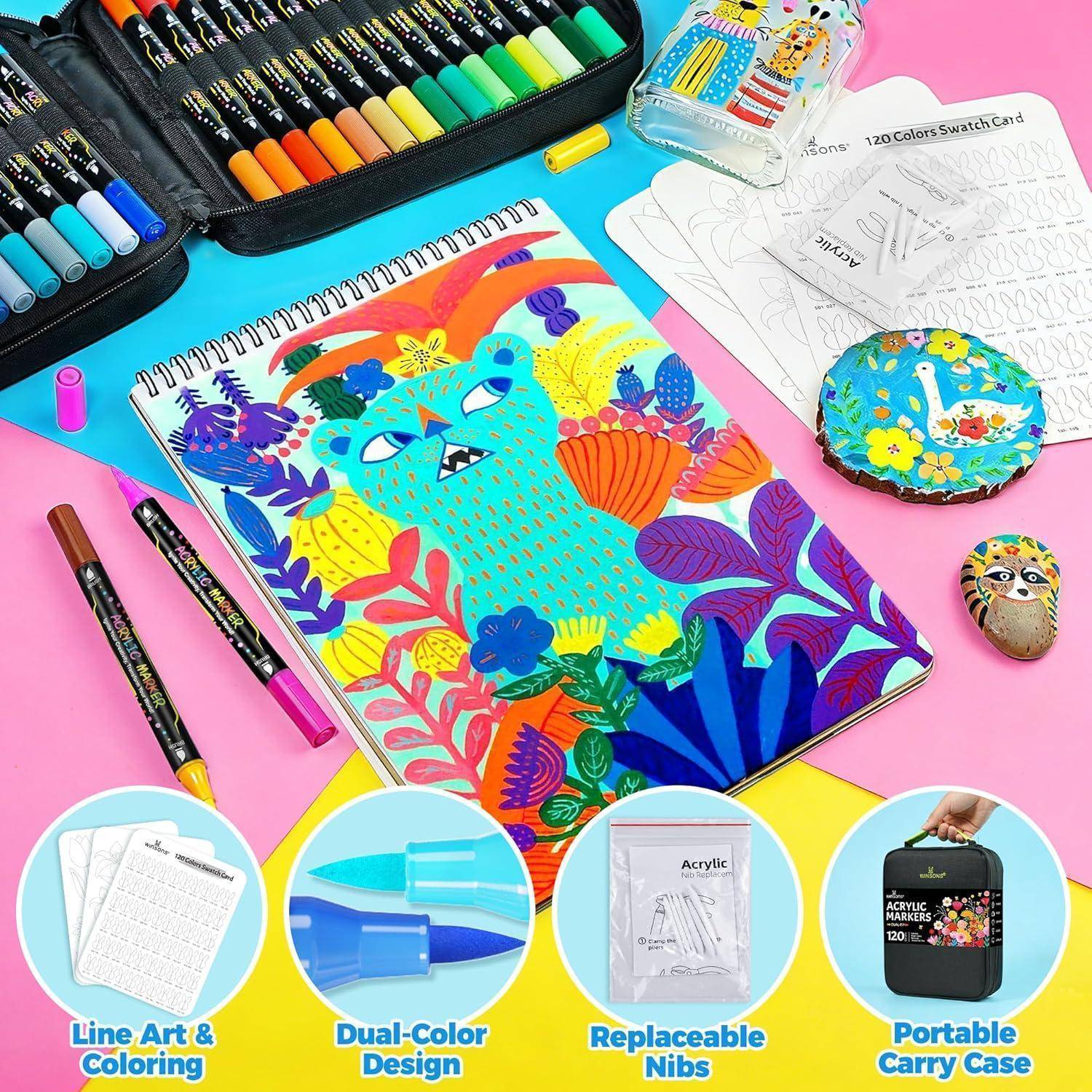 Farbmarkerset und Sketchbook mit einer leuchtenden Katzenillustration, plus Farbmusterkarte, Malset und gekennzeichnete Funktionen: 