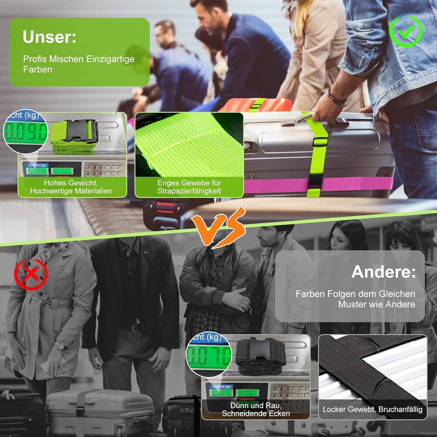 Vergleichsgrafik: Der Koffer von „Unser" zeigt hochwertige Materialien, enge Webart und höheres Gewicht gegenüber dem Koffer von „Andere"" mit dünner Webart, lockerem Stoff und bruchempfindlichen Kanten.