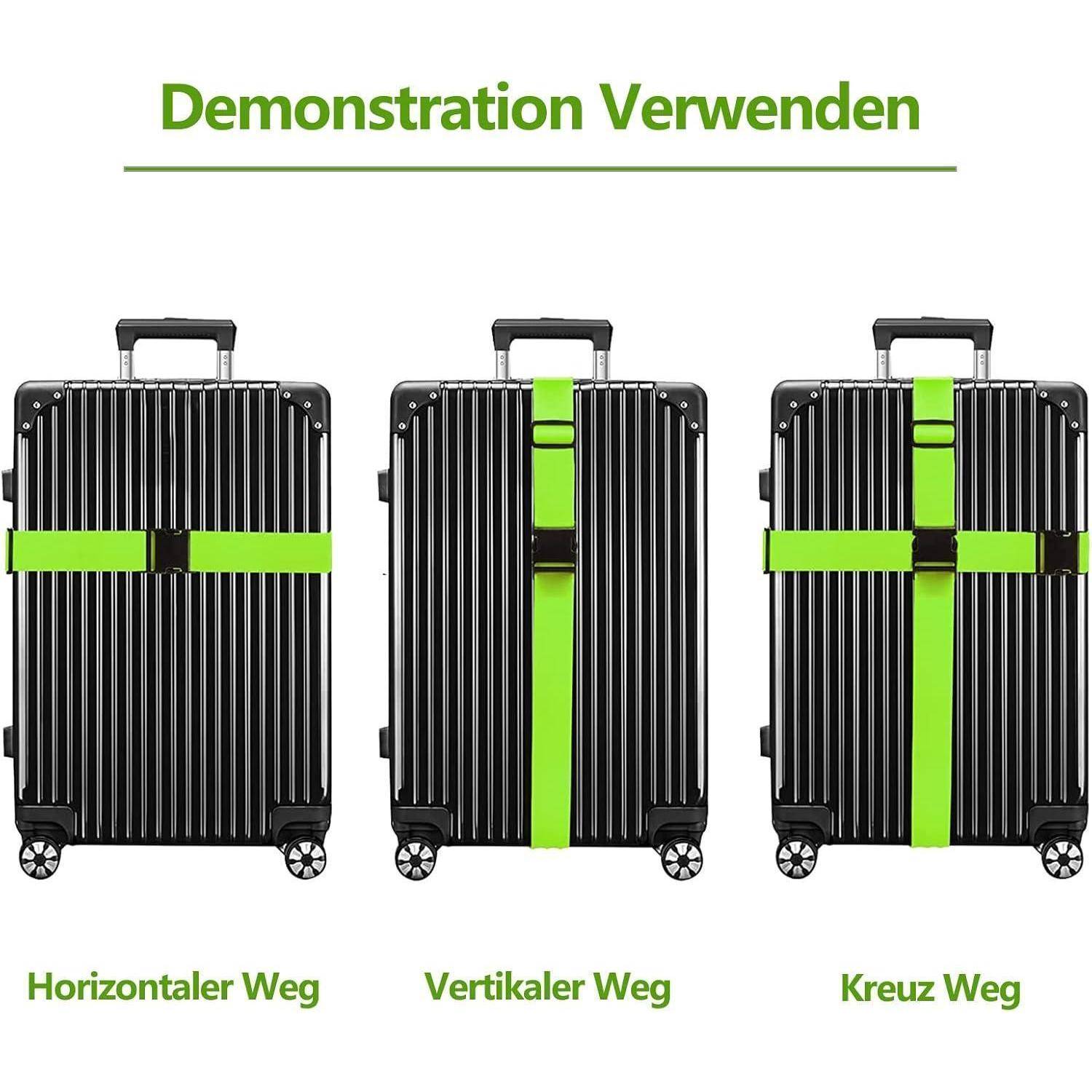 Drei schwarze Koffer mit neongrünen Riemen veranschaulichen „horizontale Weise", „vertikale Weise"" und „Querlage"" unter dem Titel „Demonstration Verwenden"".