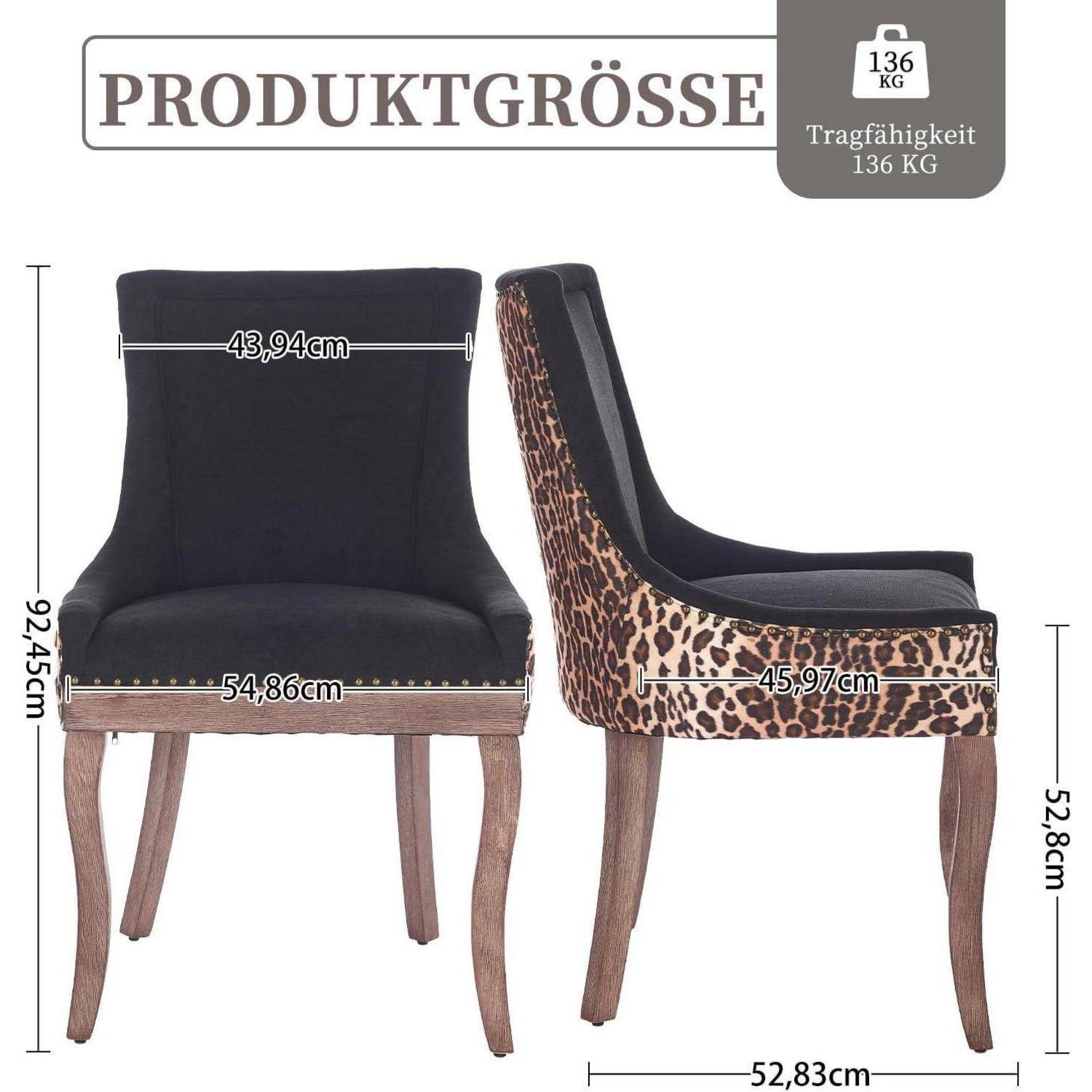 Produktabmessungen für einen Stuhl: Vorder- und Seitenansichten mit Maßen in cm, einschließlich 92,45 cm Höhe, 54,86 cm Breite, 45,97 cm Tiefe, 52,8 cm Sitzhöhe und Tragfähigkeit 136 kg.