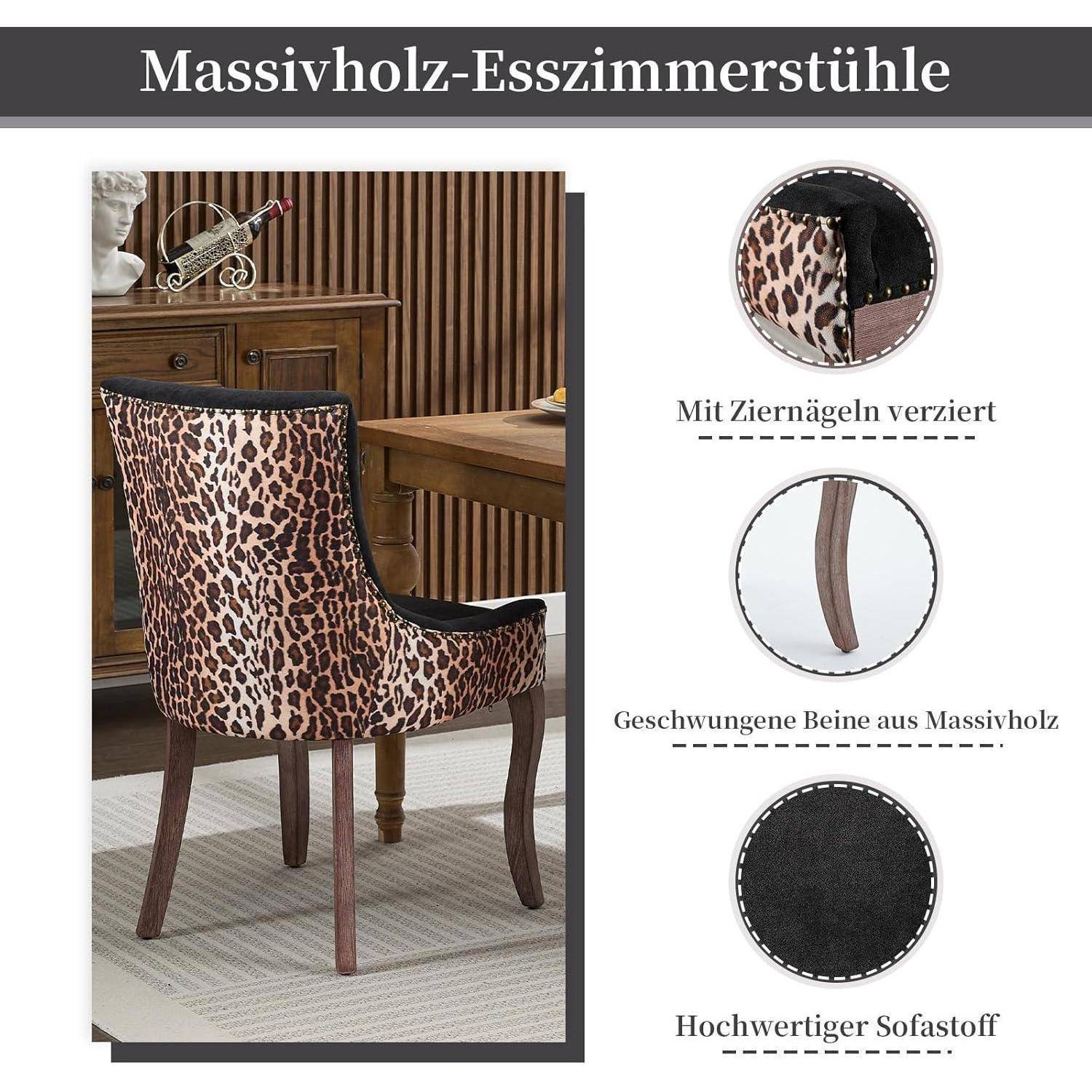 Produktbild eines Esszimmerstuhls mit Leopardenmuster, massiven Holzbeinen, Nagelkopfverzierung und gepolstertem Sofastoff, gekennzeichnet mit „Massivholz-Esszimmerstühle