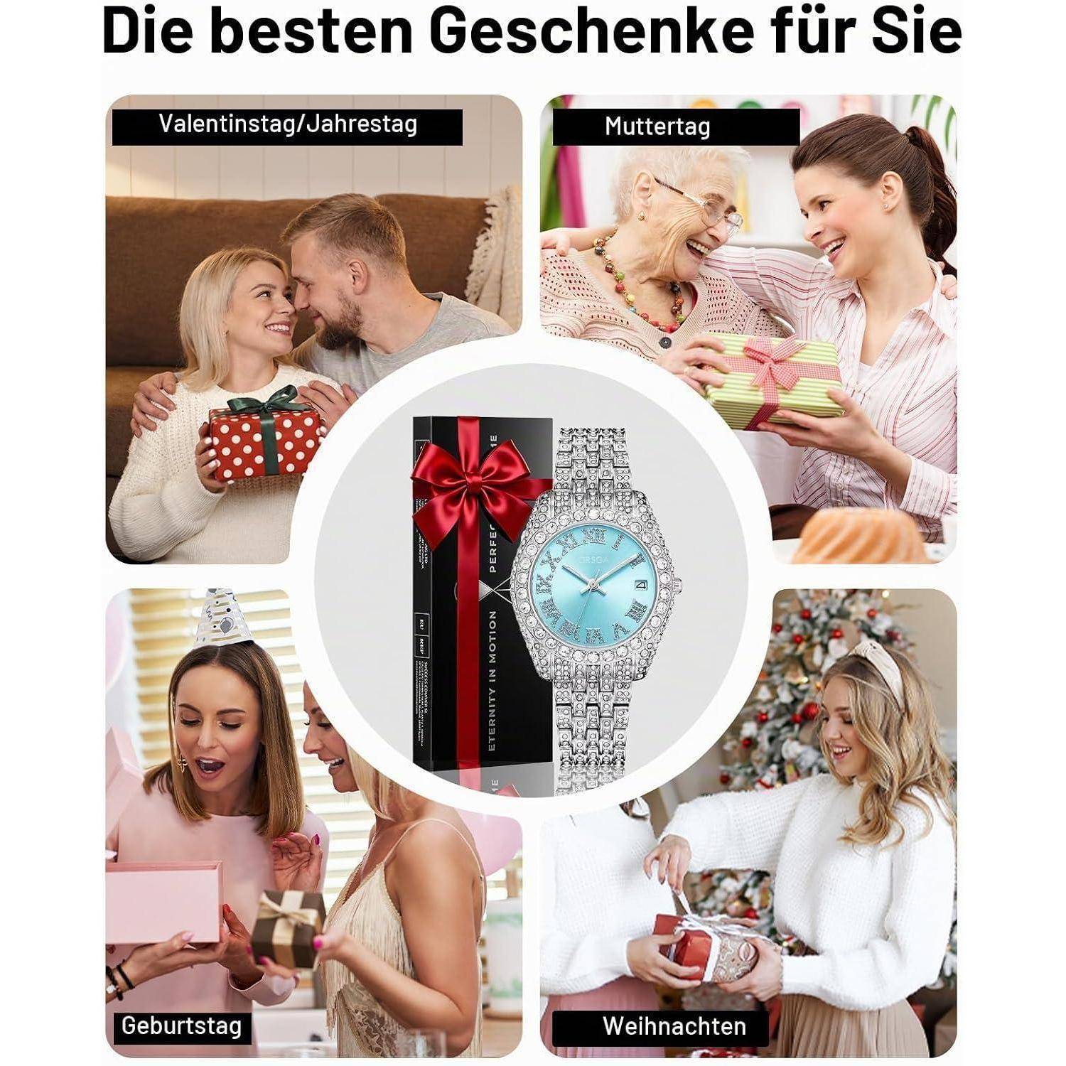 Werbecollagen eines mit Edelsteinen besetzten Armband-Chronographen-Geschenks, dargestellt als ideal für den Valentinstag, den Muttertag, Geburtstage und Weihnachten, mit Menschen, die eingewickelte Geschenke austauschen.