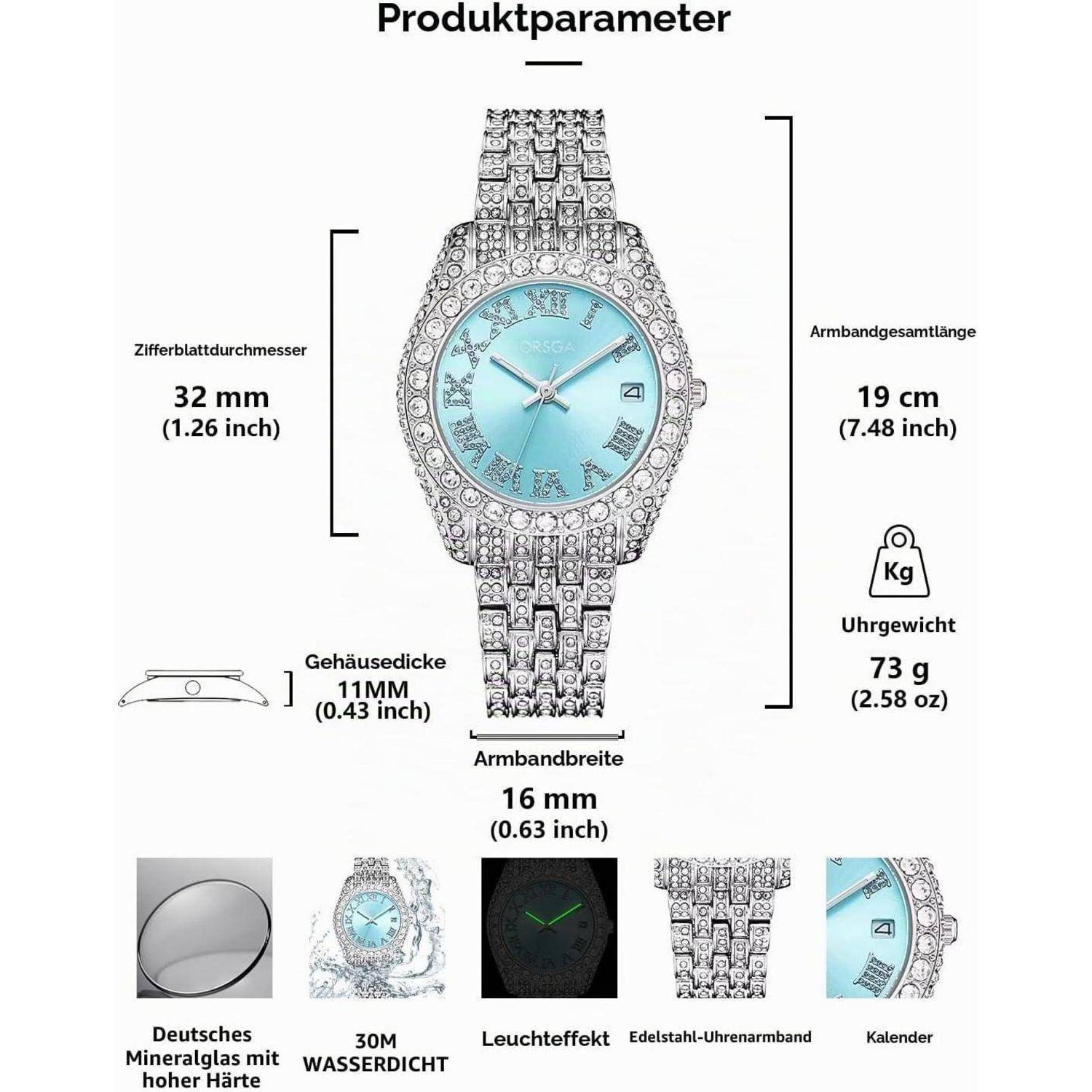 Produktparameter für eine juwelenbehaftete Armbanduhr: 32 mm Zifferblatt, 19 cm Armbandlänge, 16 mm Armbandbreite, 11 mm Gehäusedicke, 73 g Gewicht, 30 m Wasserdichtheit, leuchtende Zeiger, Kalender.