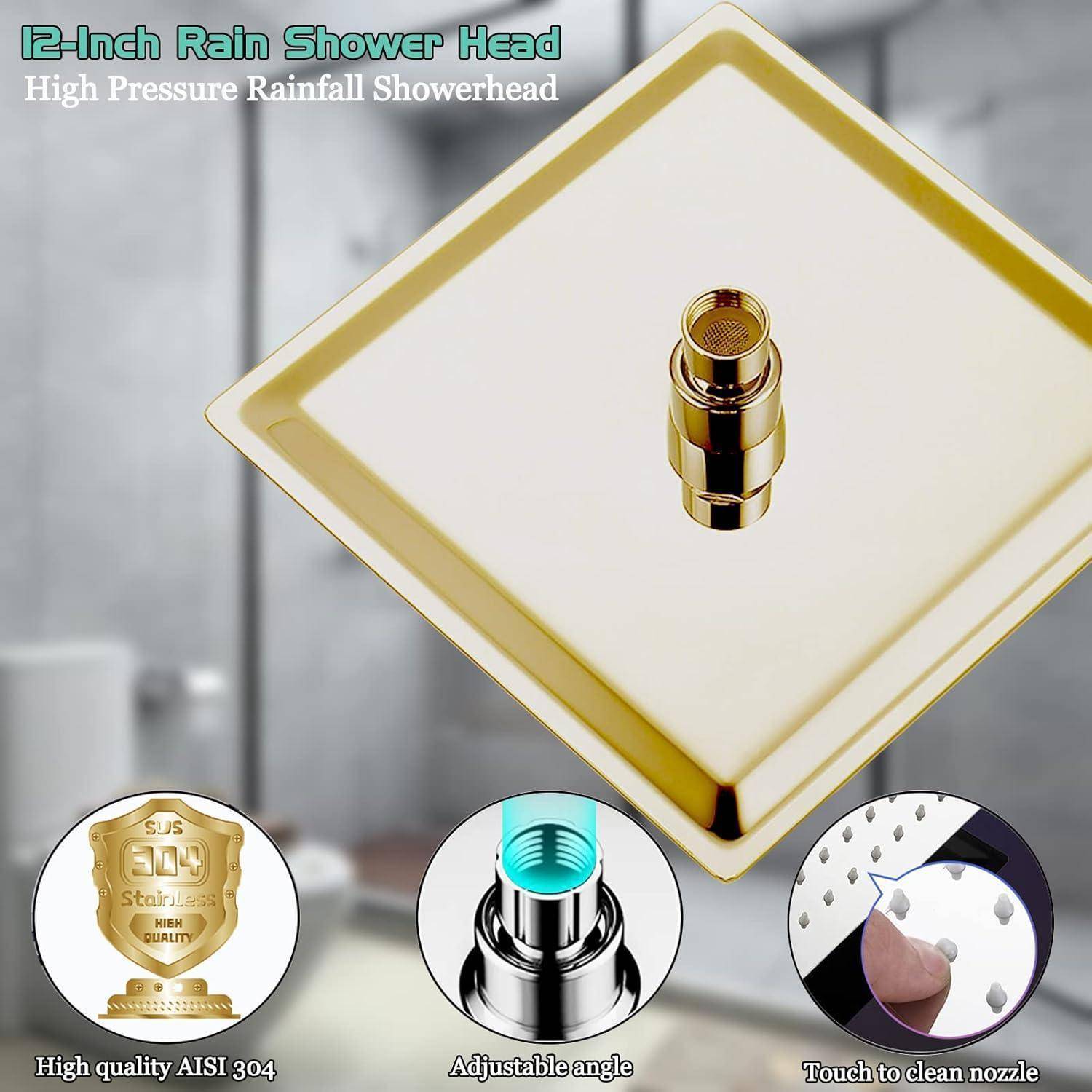 Werbebild eines 30 cm großen quadratischen Gold-und-Weiß-Regenduschkopfs mit Nahaufnahmen, die Edelstahl AISI 304, verstellbaren Winkel und leicht zu reinigende Düsen hervorheben.