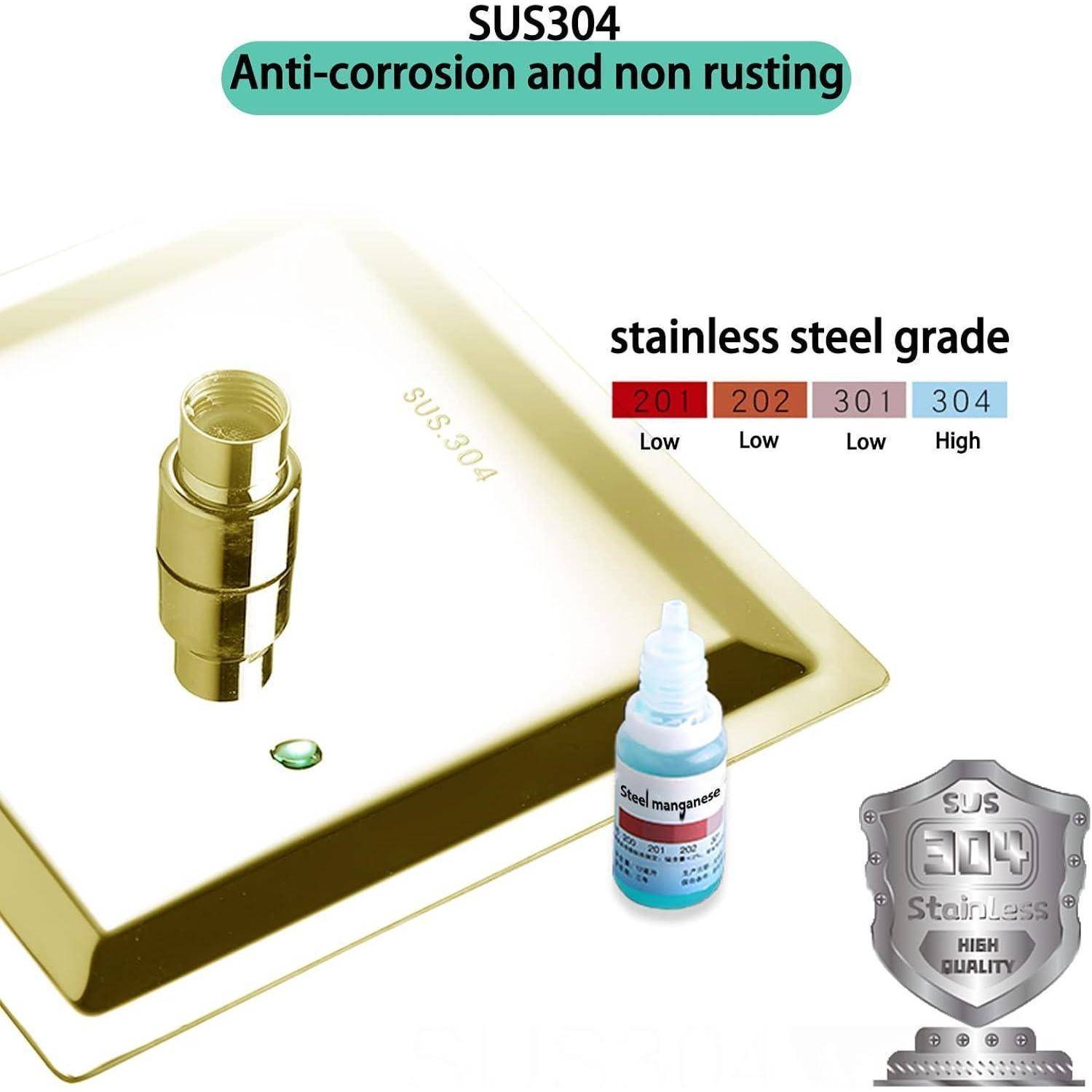 SUS304 Korrosionsbeständigkeit, rostfreier Edelstahl gezeigt mit einer Goldplattierung, einer Flasche und einem hochwertigen Abzeichen „SUS 304