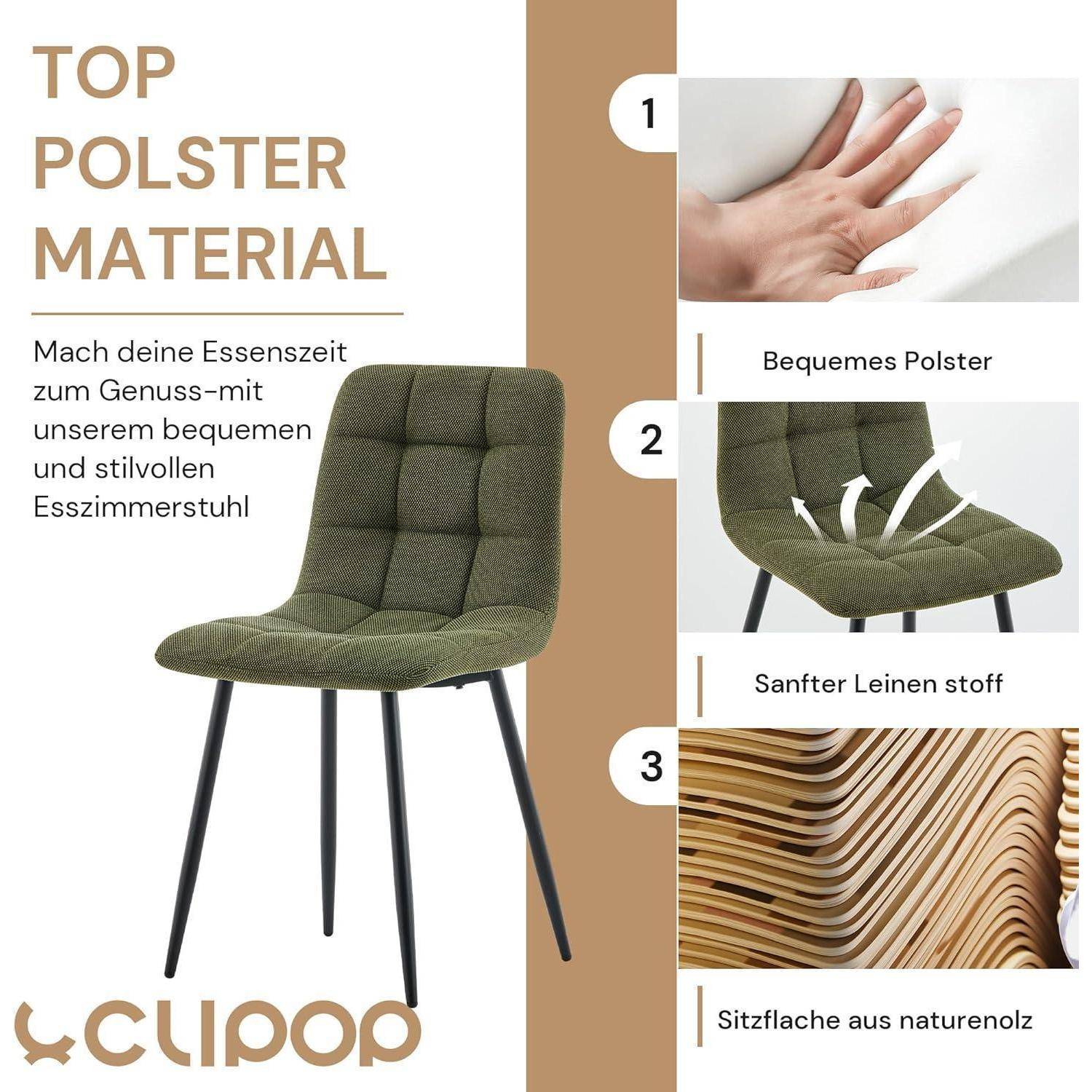 CLIPOP Esszimmerstühle 6er Set Chenille Dunkelgrün, Gepolsterter Sitz Wohnzimmerstuhl mit stabilen Metallbeinen, für Zuhause und Büro (Chenille Du