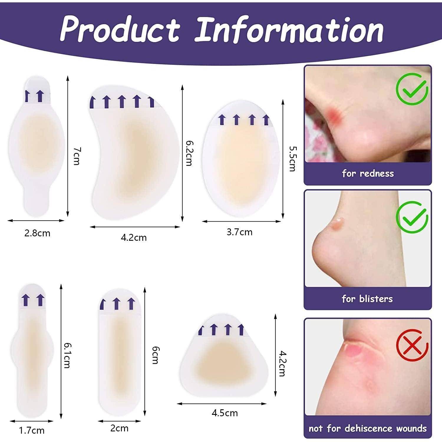 Produktinformationstabelle mit sechs Formen und Größen von Haftpads mit Abmessungen in cm. Sie kennzeichnet die Pads als geeignet für Rötungen und Blasen, aber nicht für Dehiszenswunden.