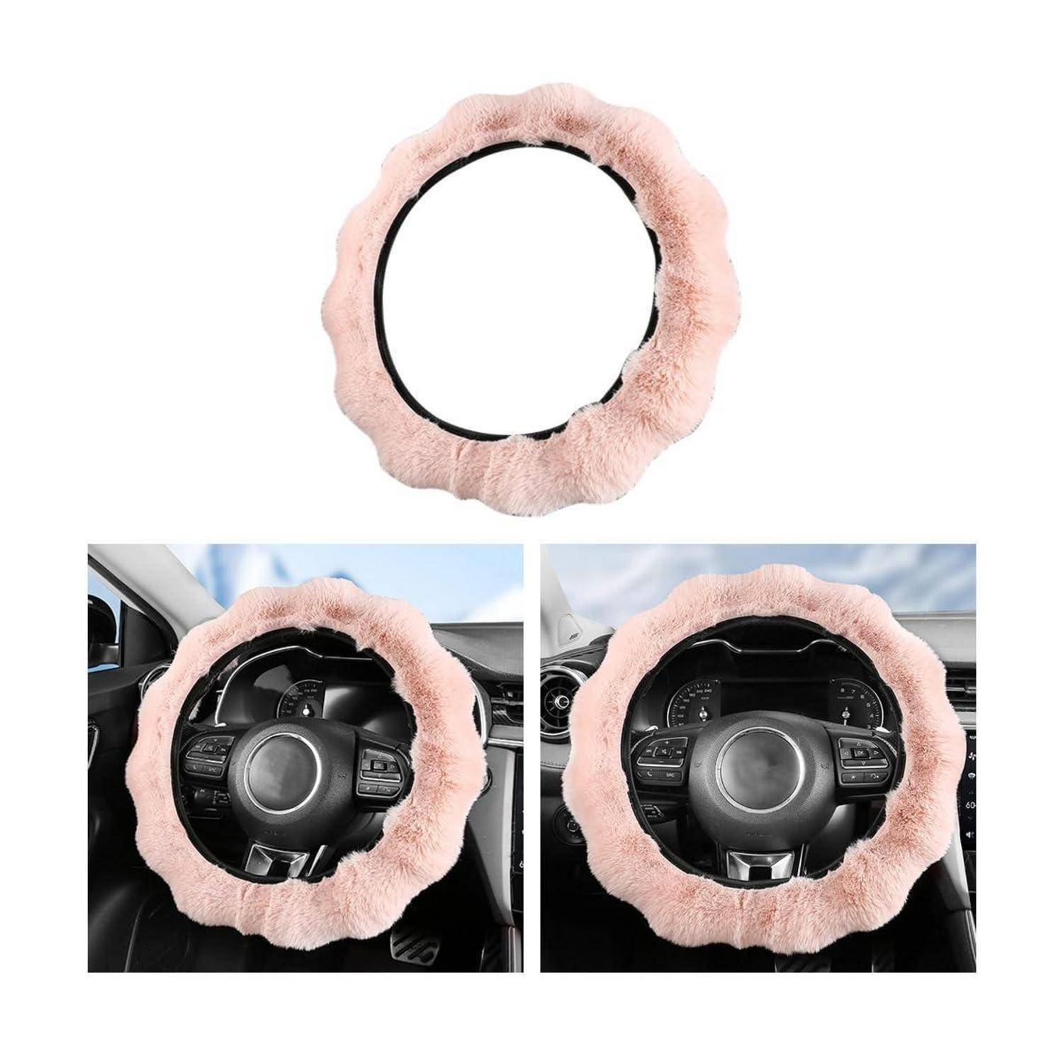 Rosa Plüsch-Lenkradabdeckung in Vorderansicht und in einem Auto eingebaut, mit zwei Innenfotos, die die Passform demonstrieren.