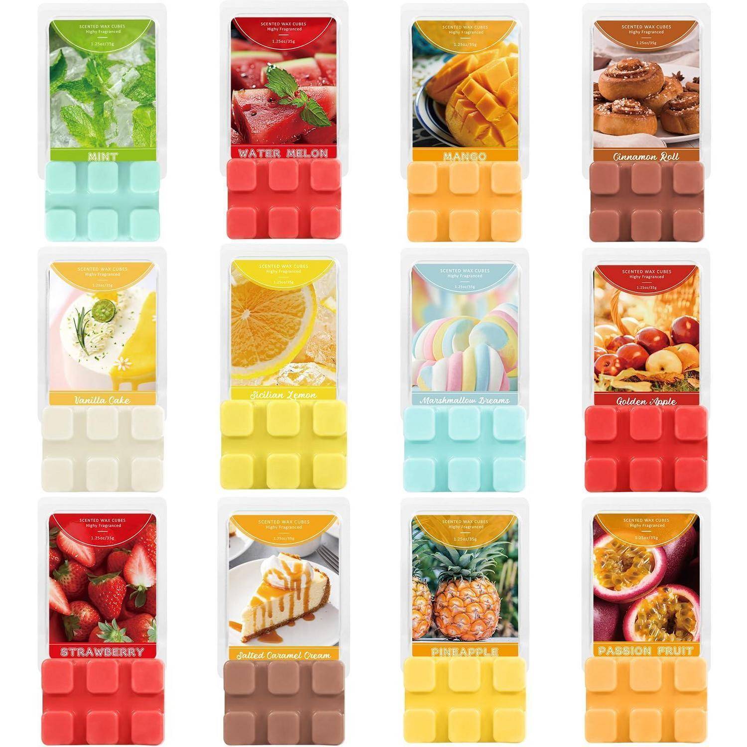 Raster aus 12 bunten Schokoladenriegel-Verpackungen in verschiedenen Geschmacksrichtungen, darunter Minze, Wassermelone, Mango, Zimtrolle, Vanillekuchen, Zitrone, Regenbogen, Goldapfel, Erdbeere, Karamell-Käsekuchen, Ananas und Maracuja.