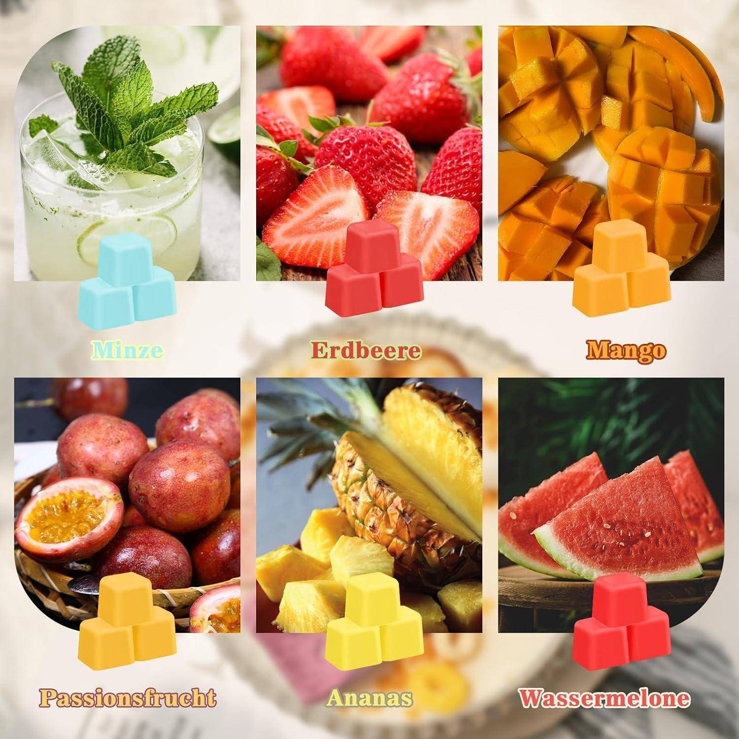 Sechs Fruchtgeschmack-Quadrate mit den Etiketten „Minze", „Erdbeere"", „Mango"", „Passionsfrucht"", „Ananas"" und „Wassermelone"".