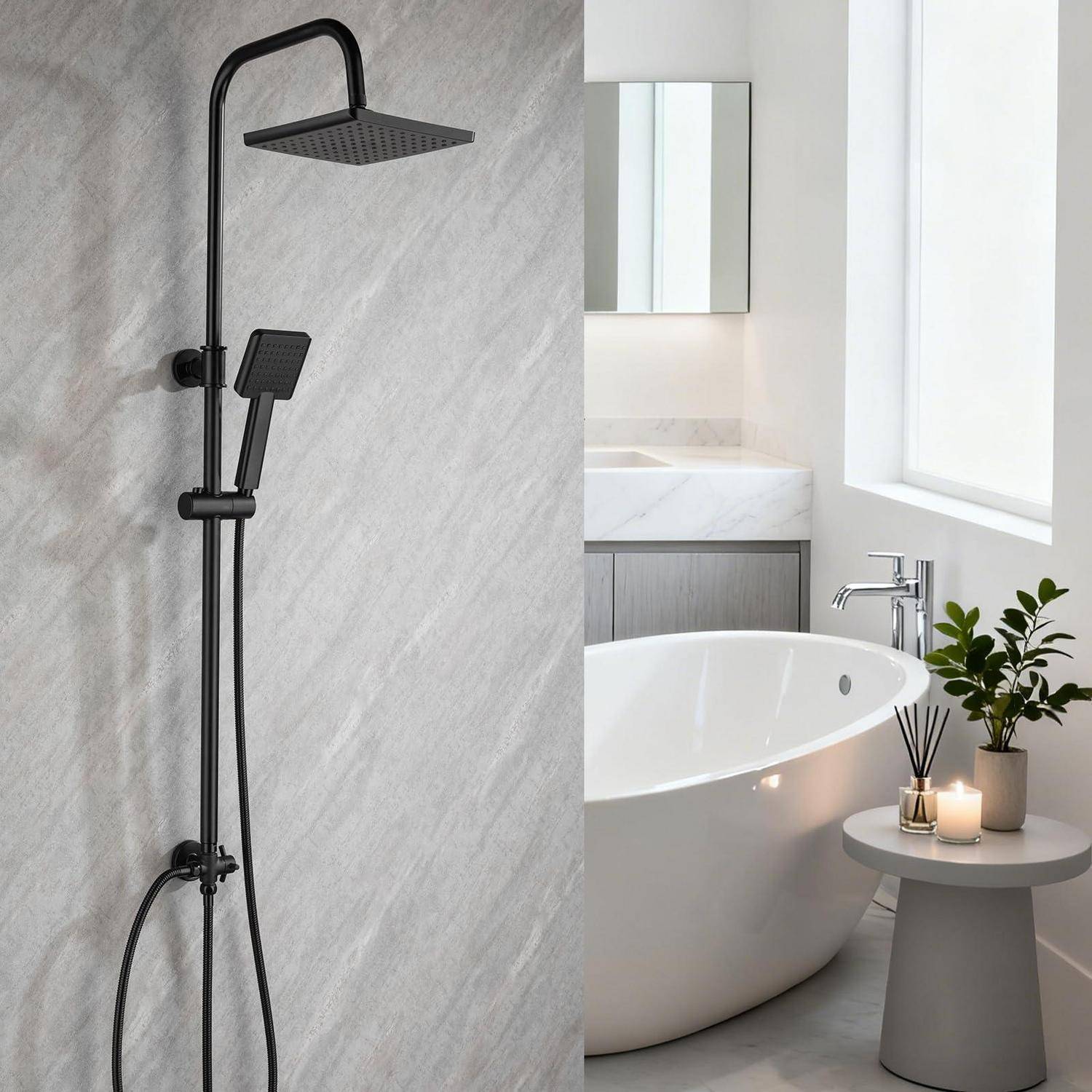 Modernes Badezimmer mit einer matten schwarzen Regendusche auf der linken Seite und einer freistehenden weißen Badewanne, einem Spiegel, einem Fenster und einem kleinen runden Beistelltisch mit einer Pflanze und Kerzen auf der rechten Seite.