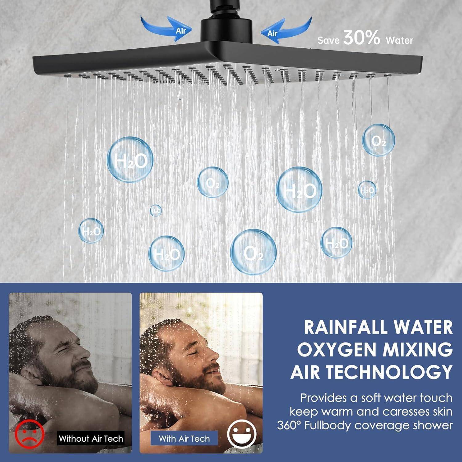 Werbegrafik eines Duschkopfs mit „Regenwasser-Sauerstoff-Misch-Lufttechnologie