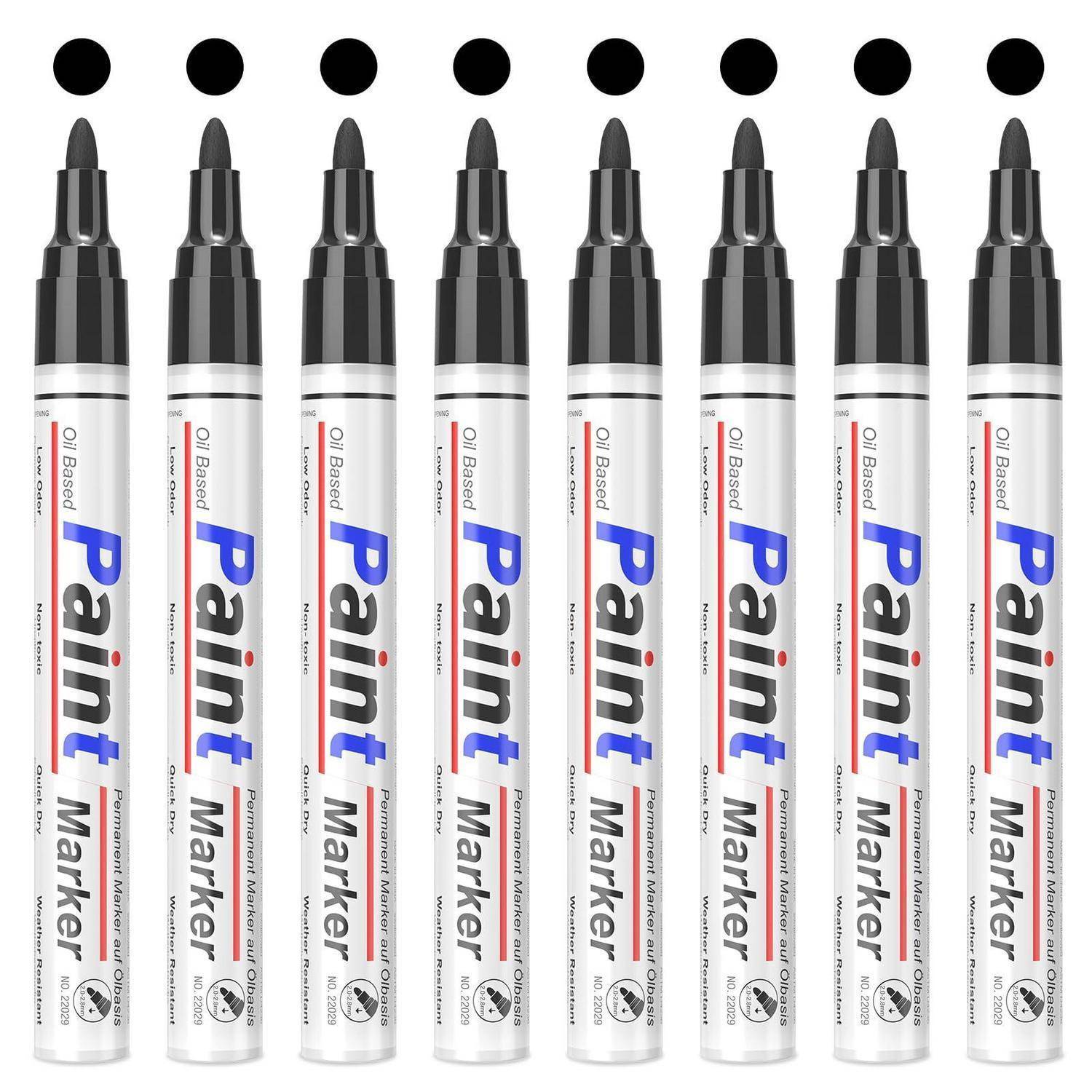 Acht schwarze Farb-Marker mit Kappen, senkrecht aufgereiht auf weißem Hintergrund, beschriftet mit „Paint Marker