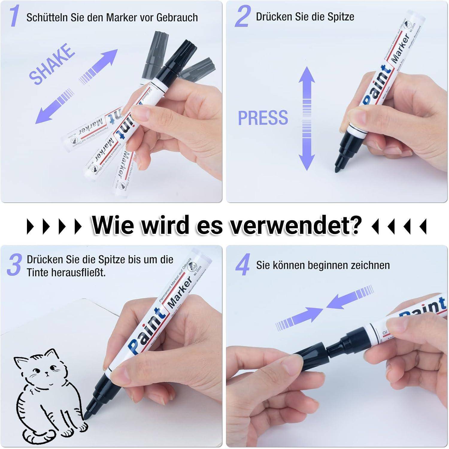 Vier-Schritt-Anleitung auf Deutsch für die Verwendung eines Lackstifts: schütteln, die Spitze drücken, Farbe freigeben, dann mit dem Zeichnen beginnen.