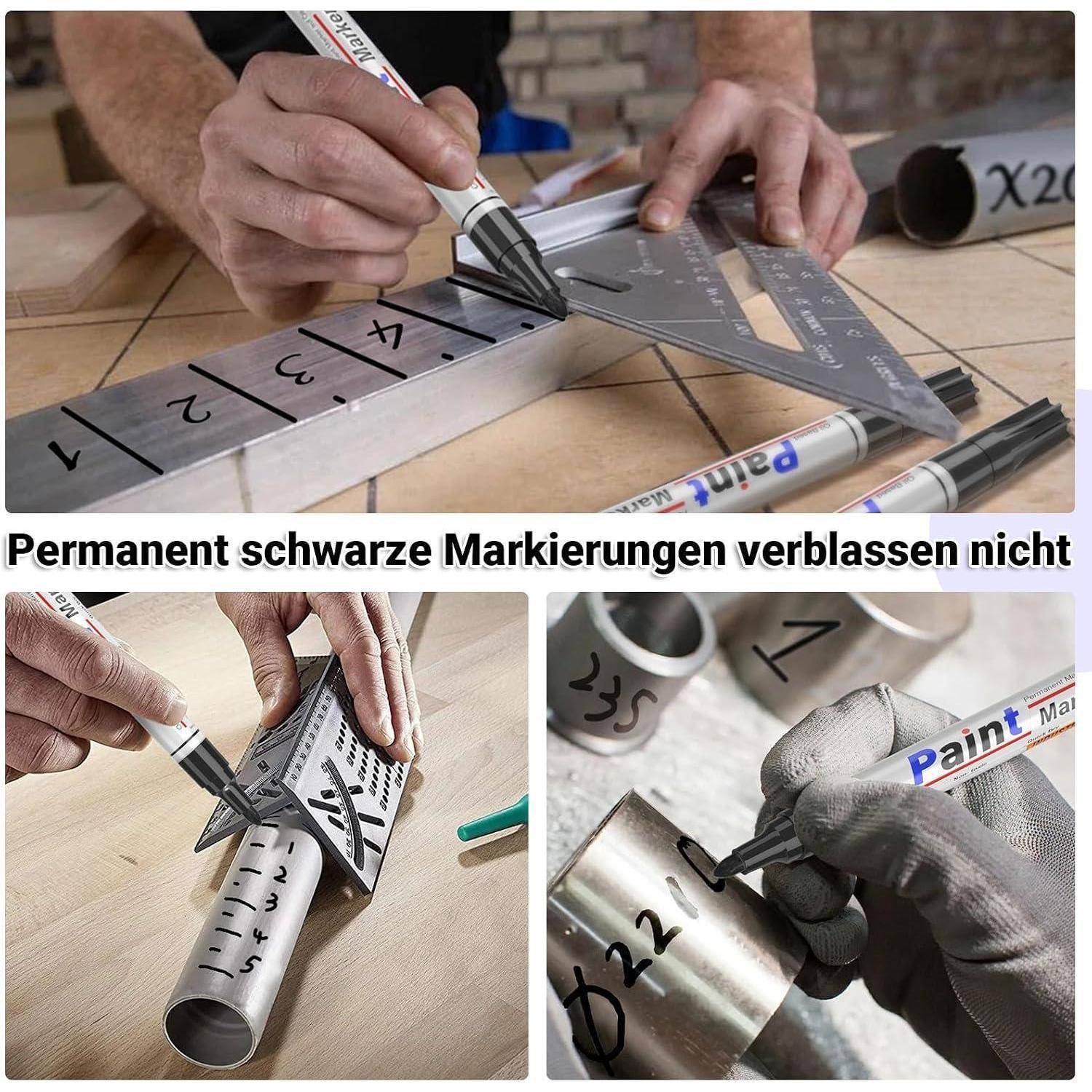 Hände markieren Metallteile mit einem permanenten schwarzen Marker und einem Winkel und zeigen haltbare Markierungen, die nicht verblassen.