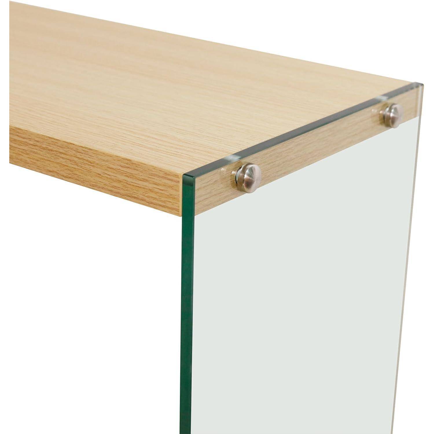 Ecke einer Tischplatte aus hellem Holz mit einem transparenten Glasseitenpaneel, das durch Metallbolzen gesichert ist, auf weißem Hintergrund dargestellt.