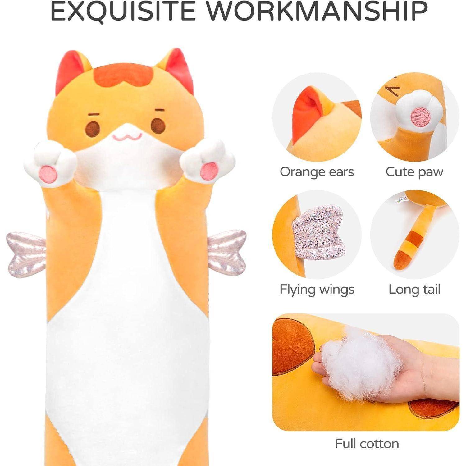 Produktgrafik eines orange-weiß gemusterten Plüsch-Fuchskissens mit beschrifteten Nahaufnahmen von orangefarbenen Ohren, niedlichen Pfoten, fliegenden Flügeln, langem Schwanz und vollständiger Baumwollfüllung.