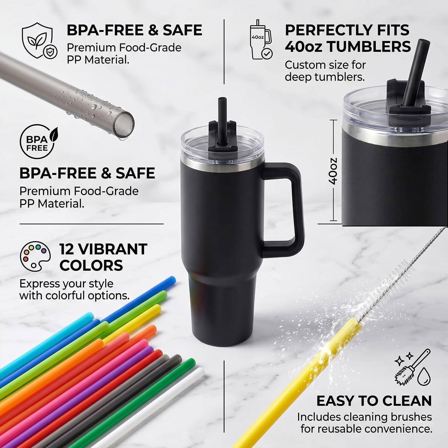 Werbegrafik eines schwarzen 40oz-Behälters mit Deckel und Strohhalm, das zeigt, dass es BPA-frei ist, zu 40oz-Behältern passt, in 12 Farben erhältlich ist und Reinigungsbürsten enthält.