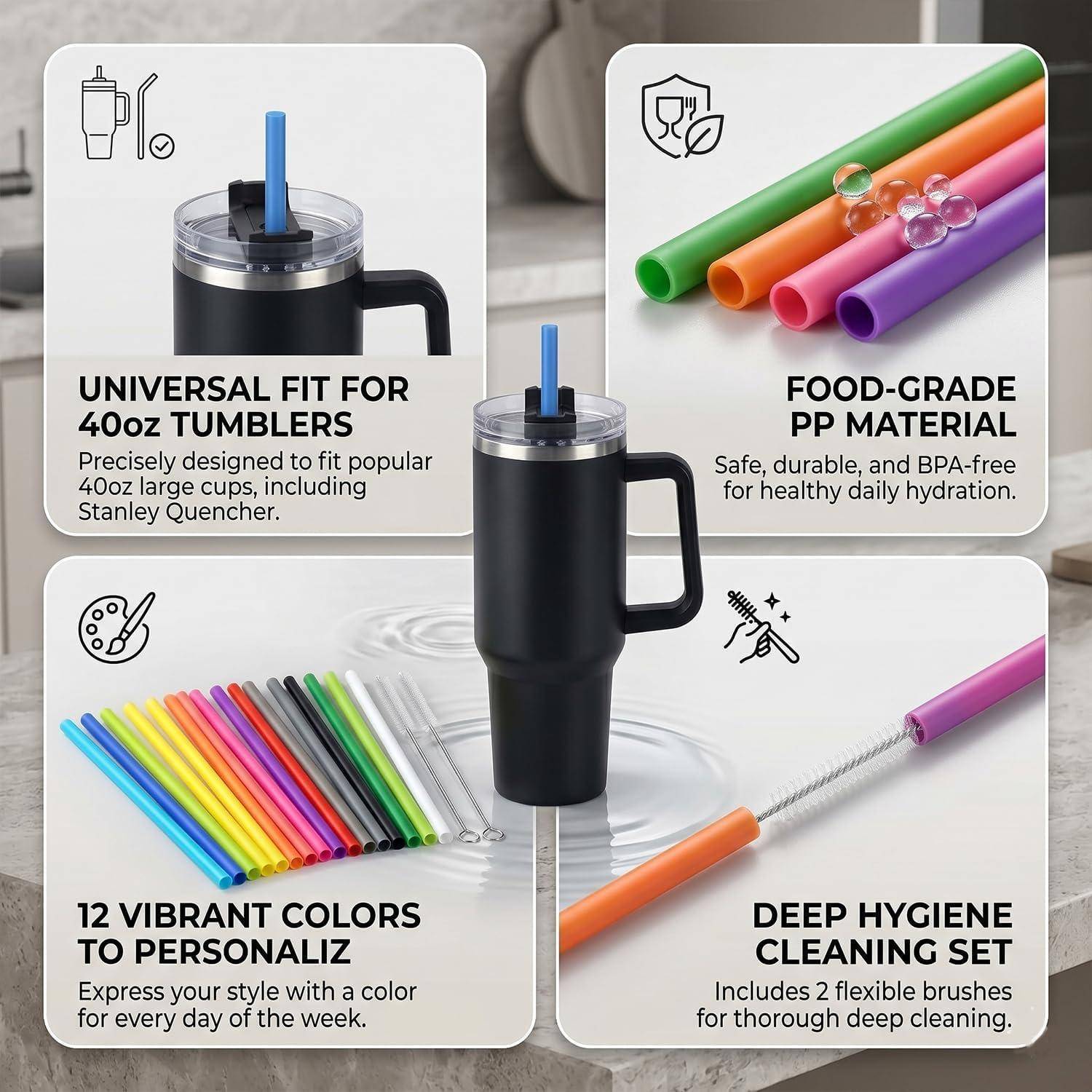 Produktcollage mit einem schwarzen 40-oz-Becher mit Strohhalm und vier Funktionen: universelle Passung für 40-oz-Becher, Lebensmittel-PP-Material, 12 lebendige Farben und tiefes Hygiene-Reinigungsset.
