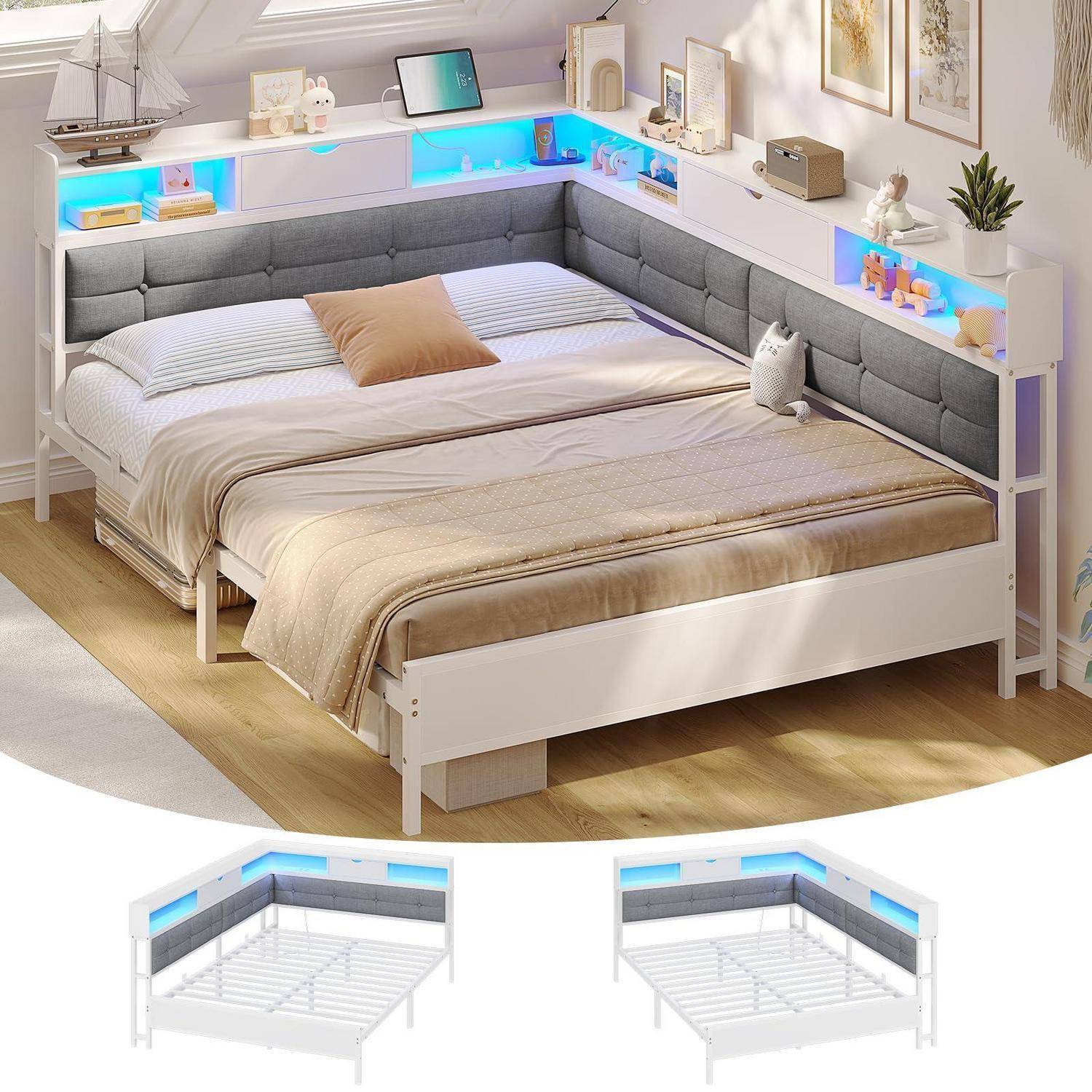 AOGLLATI Polsterbett Schlafsofa 140x200 mit 6 Staufächern Jugendbett 140x200 mit LED-Beleuchtung Tagesbett mit Steckdosen Gästebett Bettgestell mit