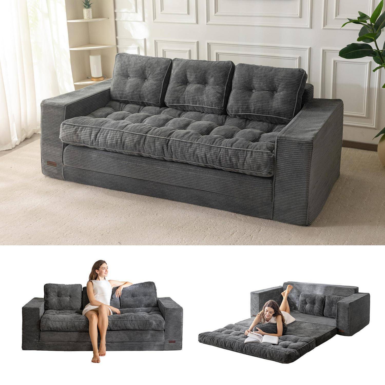 MAXYOYO Bodensofa Schlafsofa 190cm Breit mit Kissen, 2-in-1 Klappbar Cord Sofa 3 Sitzer mit Schlaffunktion, Liegefläche 101x196CM für Wohnzimmer, Sc
