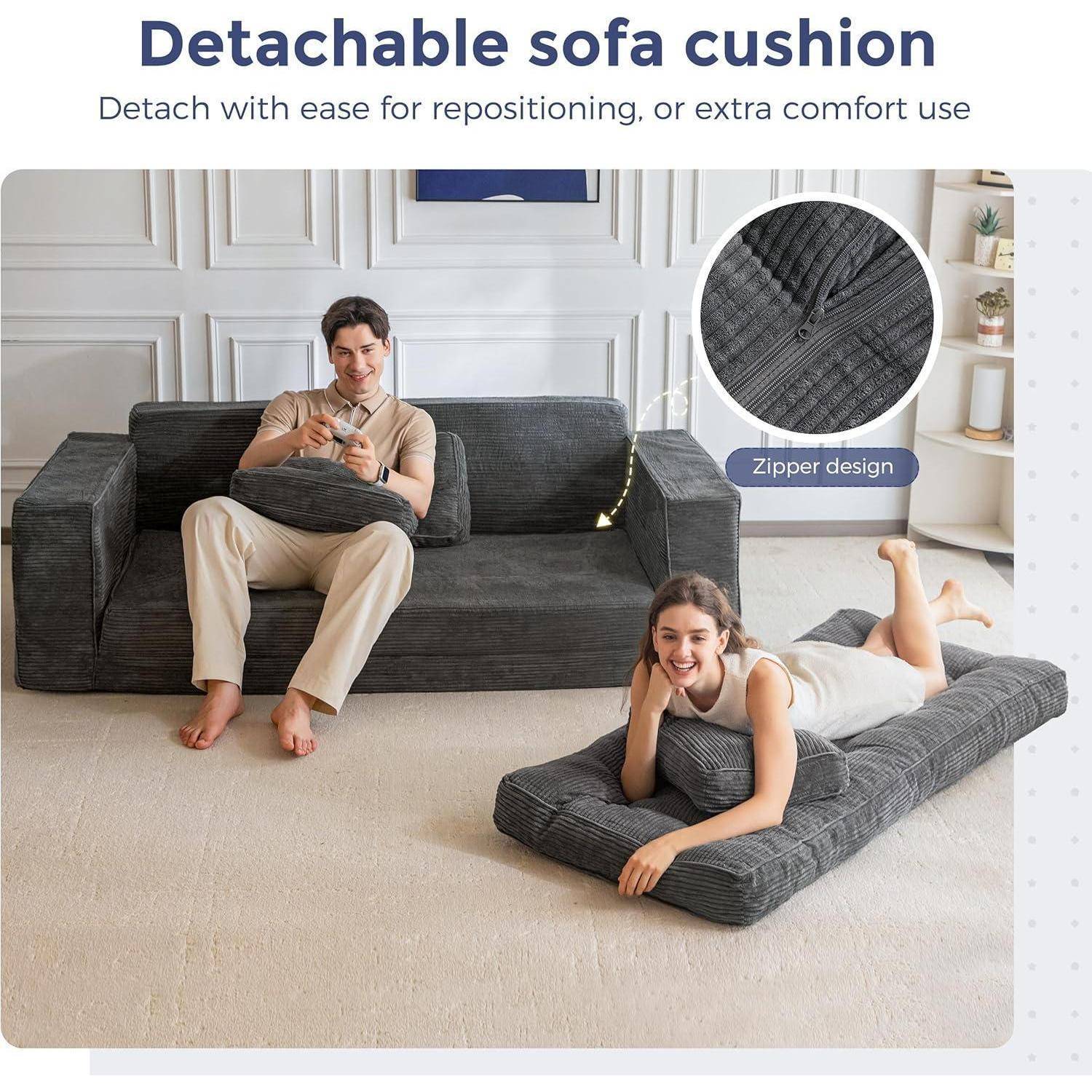 MAXYOYO Bodensofa Schlafsofa 190cm Breit mit Kissen, 2-in-1 Klappbar Cord Sofa 3 Sitzer mit Schlaffunktion, Liegefläche 101x196CM für Wohnzimmer, Sc