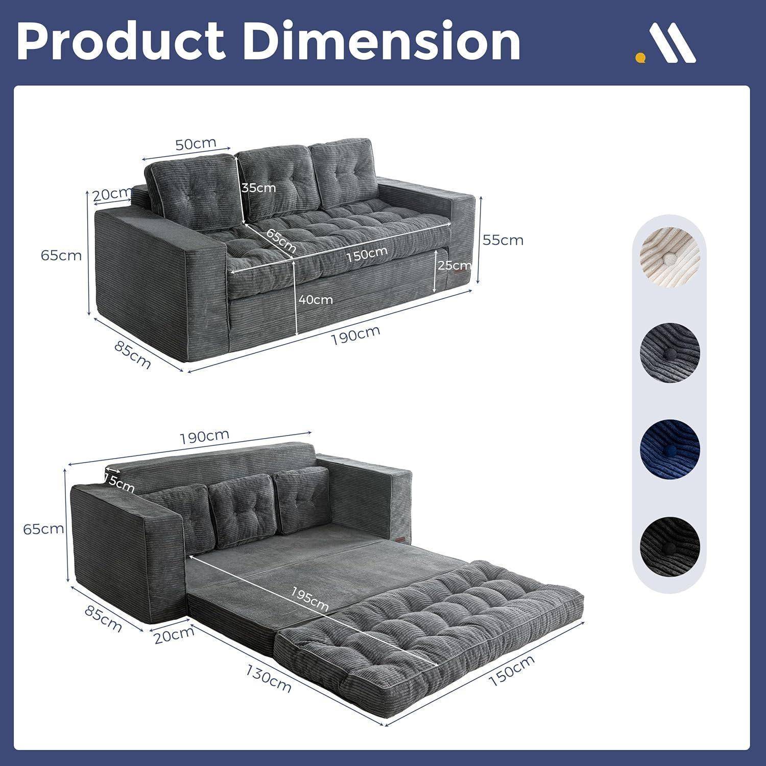 MAXYOYO Bodensofa Schlafsofa 190cm Breit mit Kissen, 2-in-1 Klappbar Cord Sofa 3 Sitzer mit Schlaffunktion, Liegefläche 101x196CM für Wohnzimmer, Sc