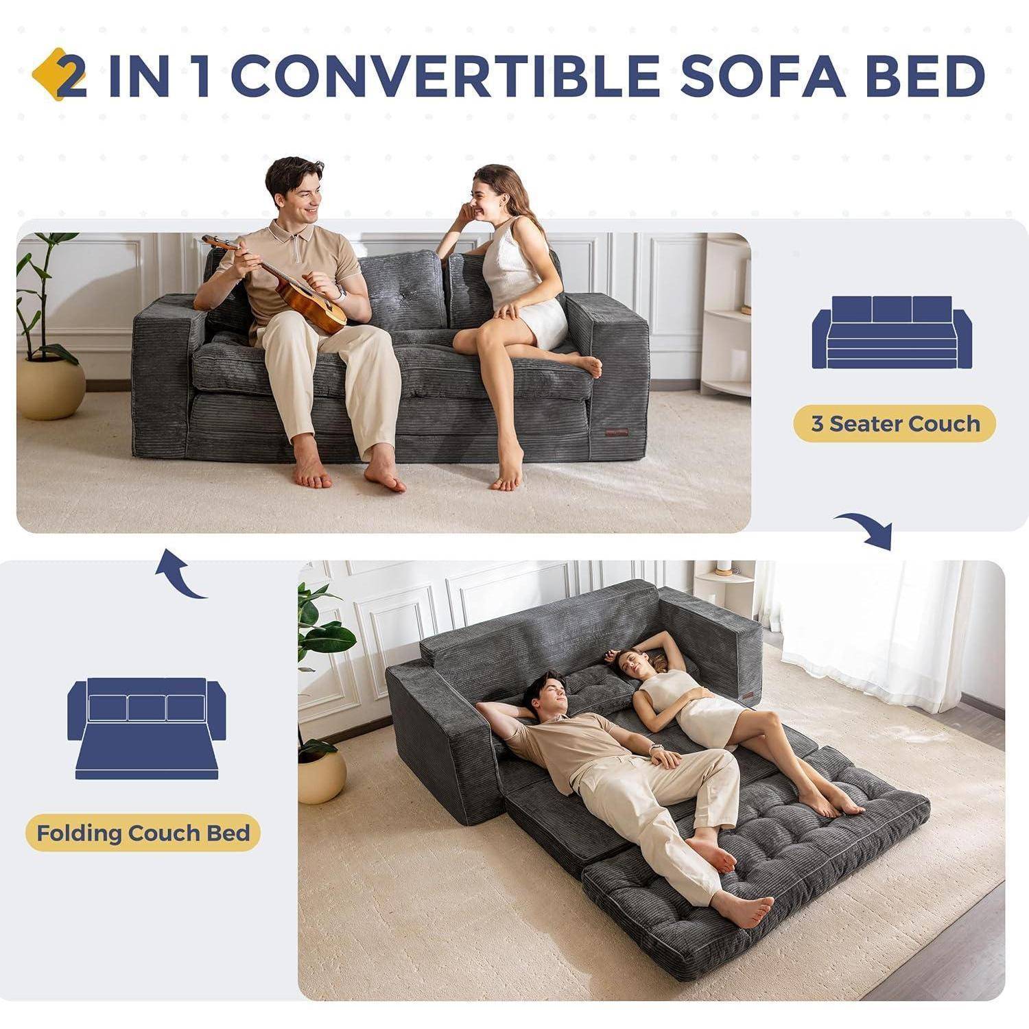 MAXYOYO Bodensofa Schlafsofa 190cm Breit mit Kissen, 2-in-1 Klappbar Cord Sofa 3 Sitzer mit Schlaffunktion, Liegefläche 101x196CM für Wohnzimmer, Sc