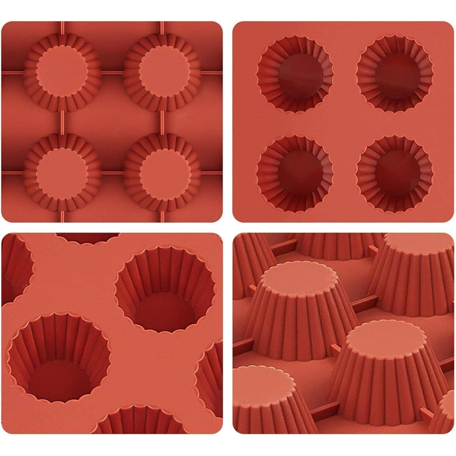 Vierpanelige Abbildung von roten gerillten, muffinähnlichen Formen oder Bechern, die in einem Raster angeordnet sind und Draufsichten und Schrägansichten desselben strukturierten Designs zeigen.