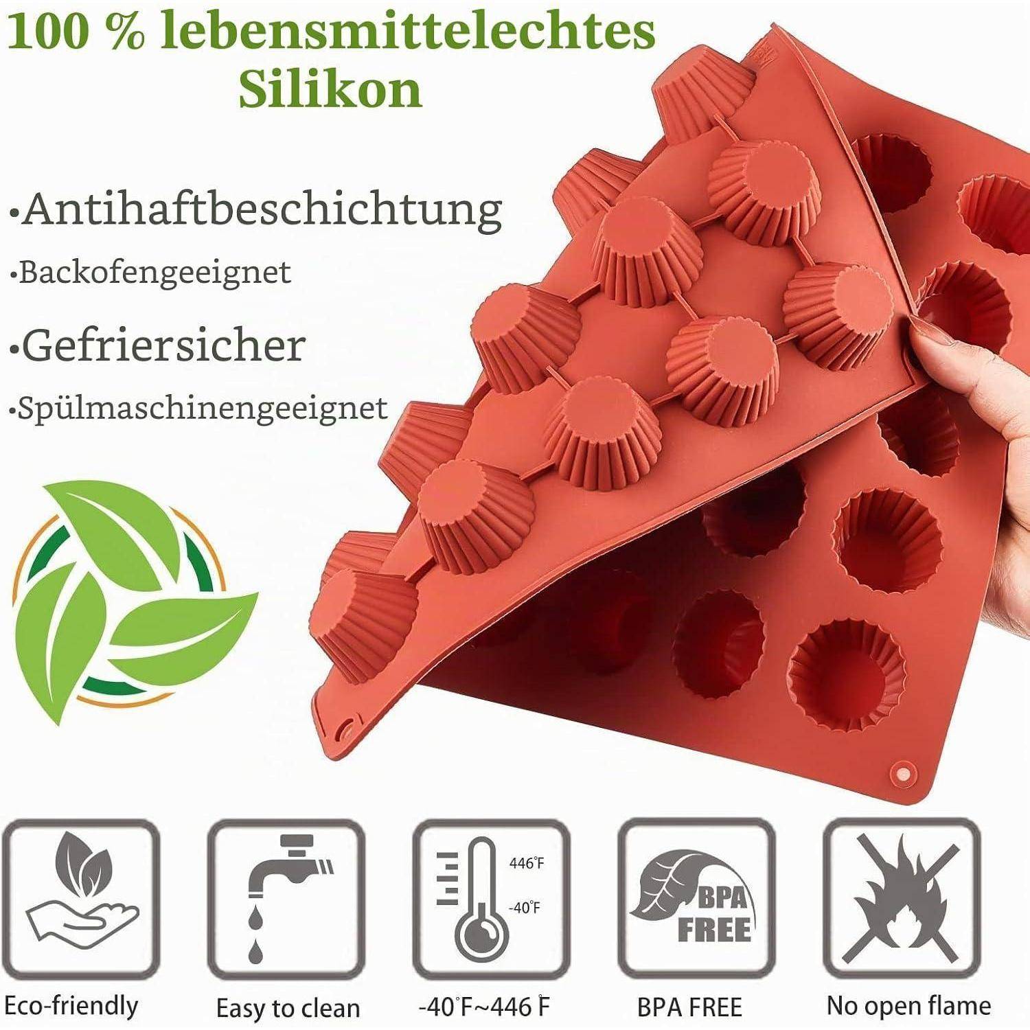 Werbebild von roten Silikonbackformen mit der Aufschrift „100 % lebensmittelechtes Silikon" und einer Auflistung der Eigenschaften: antihaftbeschichtet, ofengeeignet, gefriergeeignet, spülmaschinenfest, BPA-frei und keine offene Flamme.