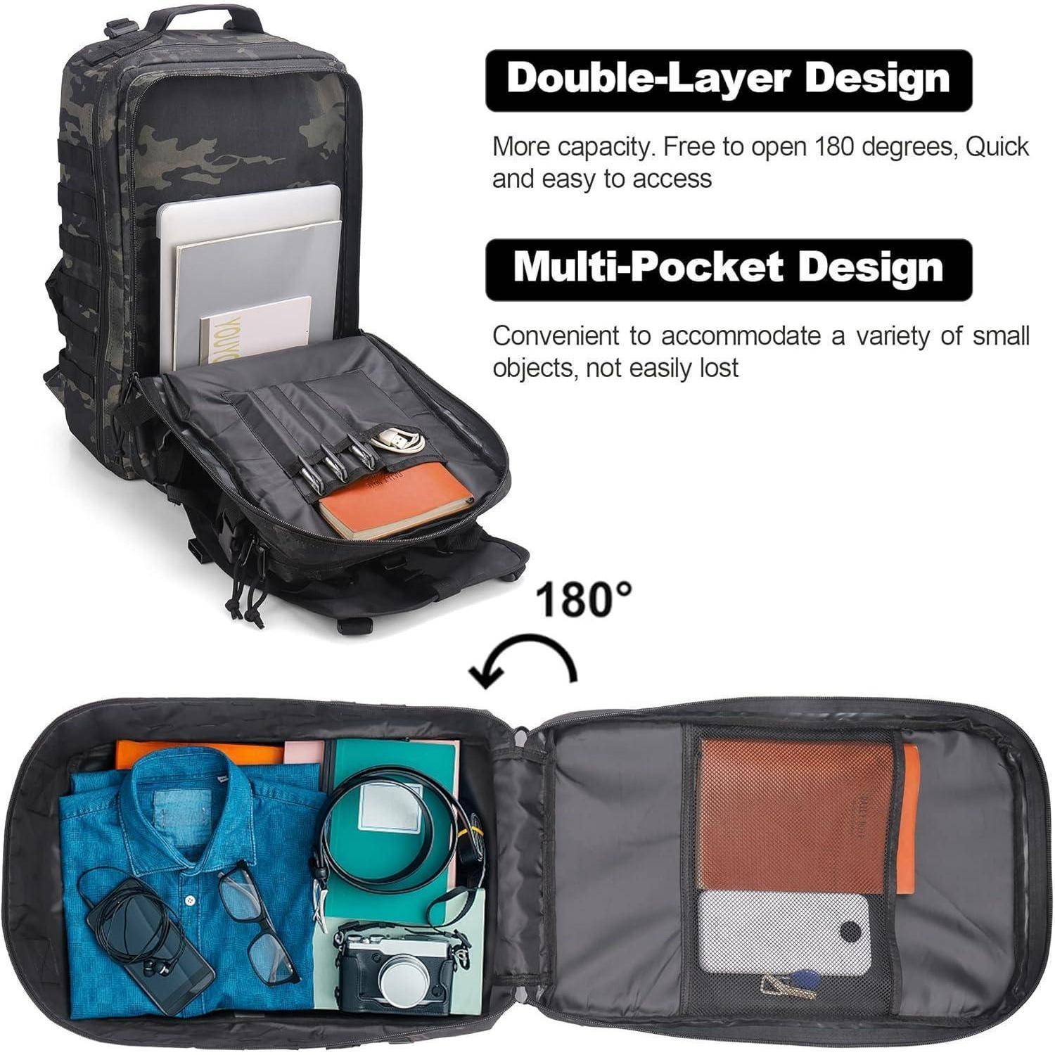 Camouflage-Rucksackorganizer mit doppellagigem, mehrfächrigem Design öffnet sich um 180 Grad und zeigt Fächer für Kleidung, Kabel und kleine Gegenstände.