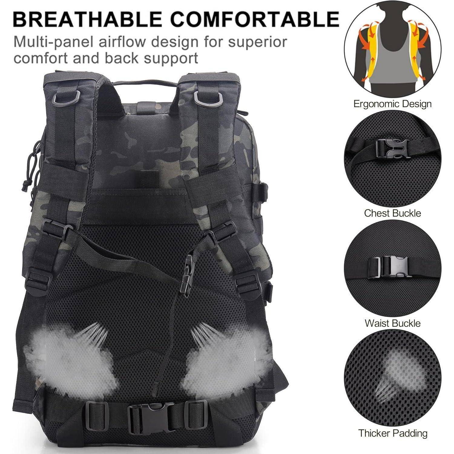 Atmungsaktiver Rucksack mit Multi-Panel-Luftstrom für Komfort und Rückenstütze, gezeigt mit ergonomischem Design, Brustschnalle, Hüftschnalle und dickerer Polsterung.