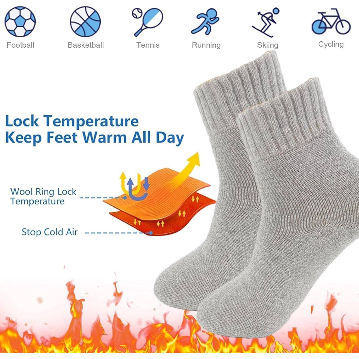 Anzeige für graue Thermosocken mit dem Text „Temperatur speichern – Füße den ganzen Tag warm halten