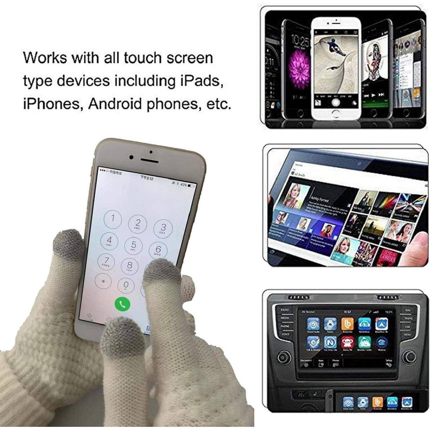 Werbebild mit behandschuhten Händen, die ein Smartphone nutzen, mit Text, der besagt, dass es mit allen Touchscreen-Geräten funktioniert, einschließlich iPads, iPhones und Android-Telefonen, sowie Beispiele auf Telefonen, Tablet und Fahrzeugdisplay.