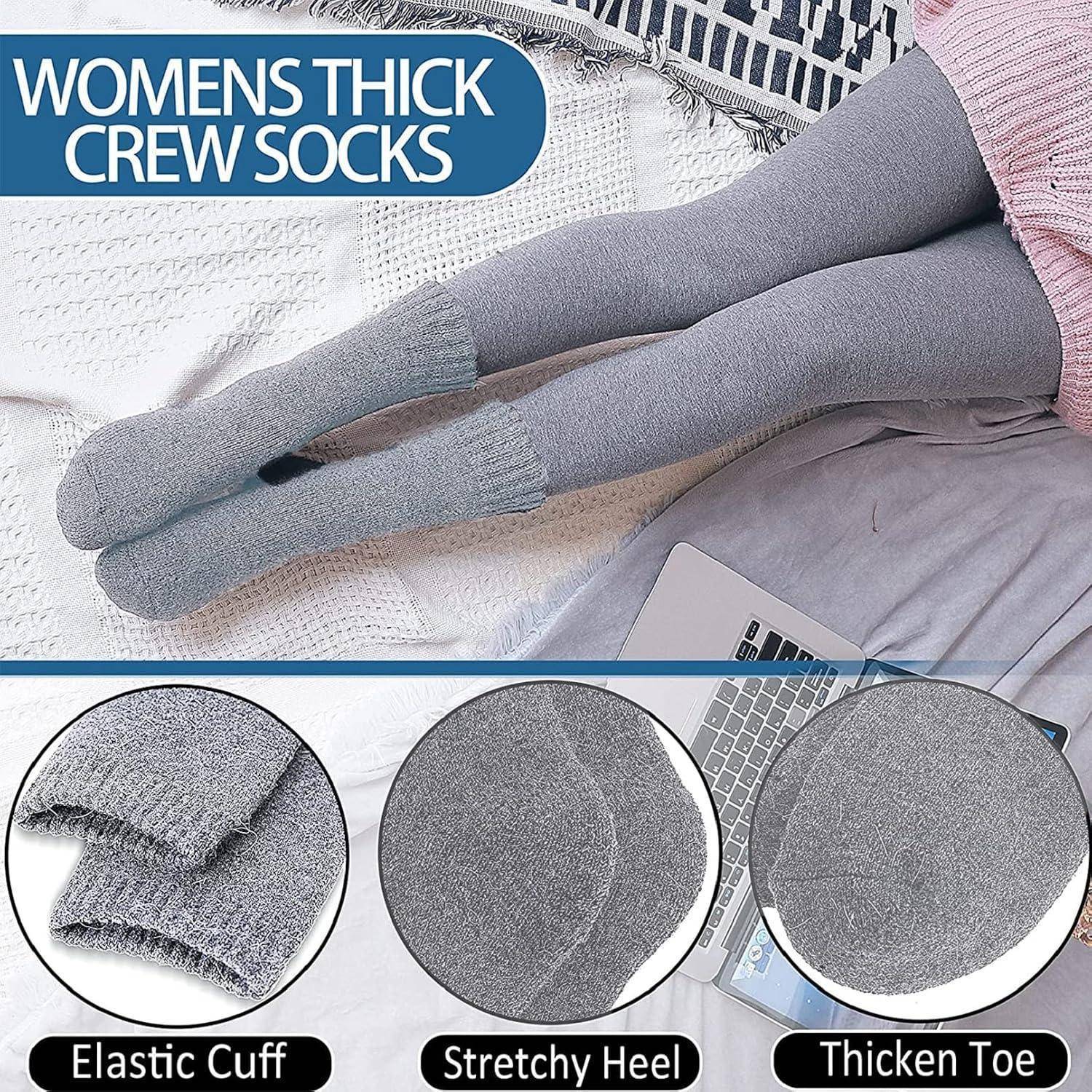 Produktanzeige mit grauen dicken Crew-Socken für Frauen auf gekreuzten Beinen, mit Hinweisen auf elastische Manschette, dehnbare Ferse und verdickter Zehenbereich.