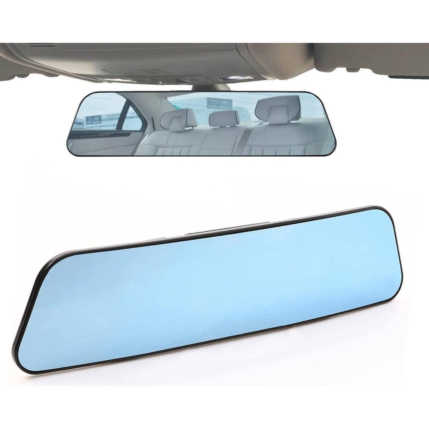 Autoinnenrückspiegel mit blauer Blendschutzspiegelabdeckung, unten gezeigt, mit dem ursprünglichen Spiegel, der oben reflektiert wird.