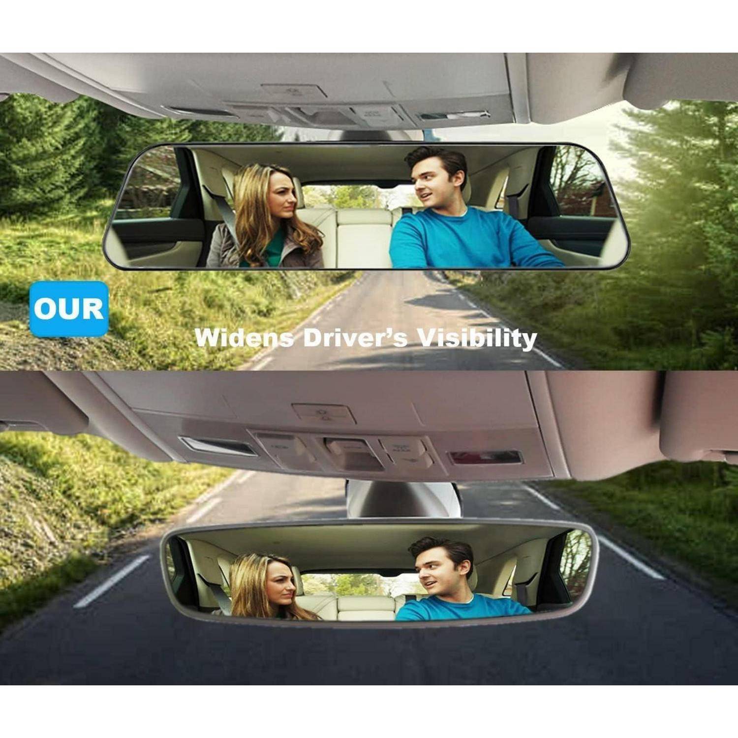 Vergleich von Standard- und Weitwinkel-Rückspiegeln, die zeigen, wie der Weitwinkelspiegel das Sichtfeld des Fahrers auf einer Straße mit zwei sichtbaren Fahrgästen dahinter vergrößert.