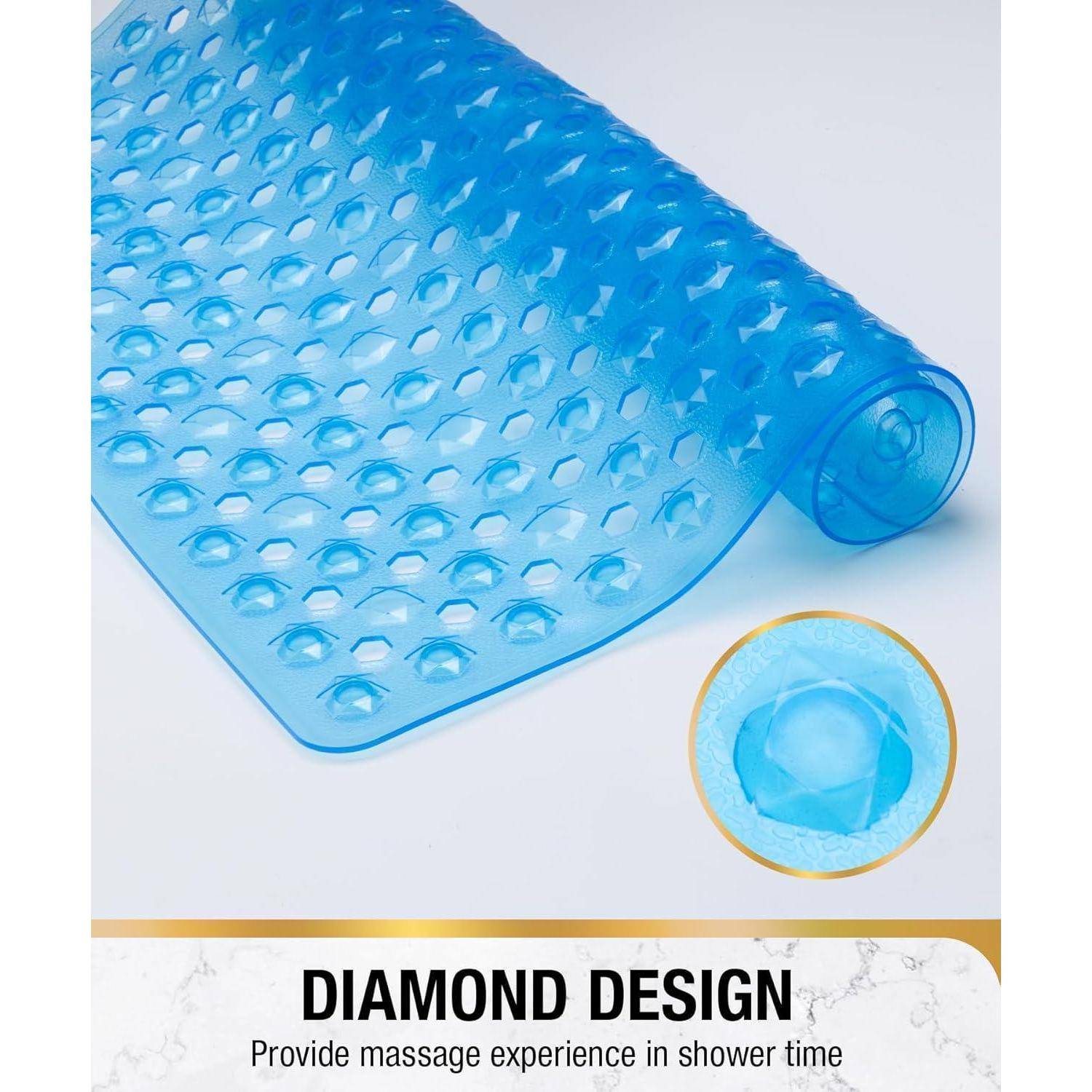 Blaue strukturierte Duschmatte mit Rautenmuster; Text sagt „DIAMOND DESIGN