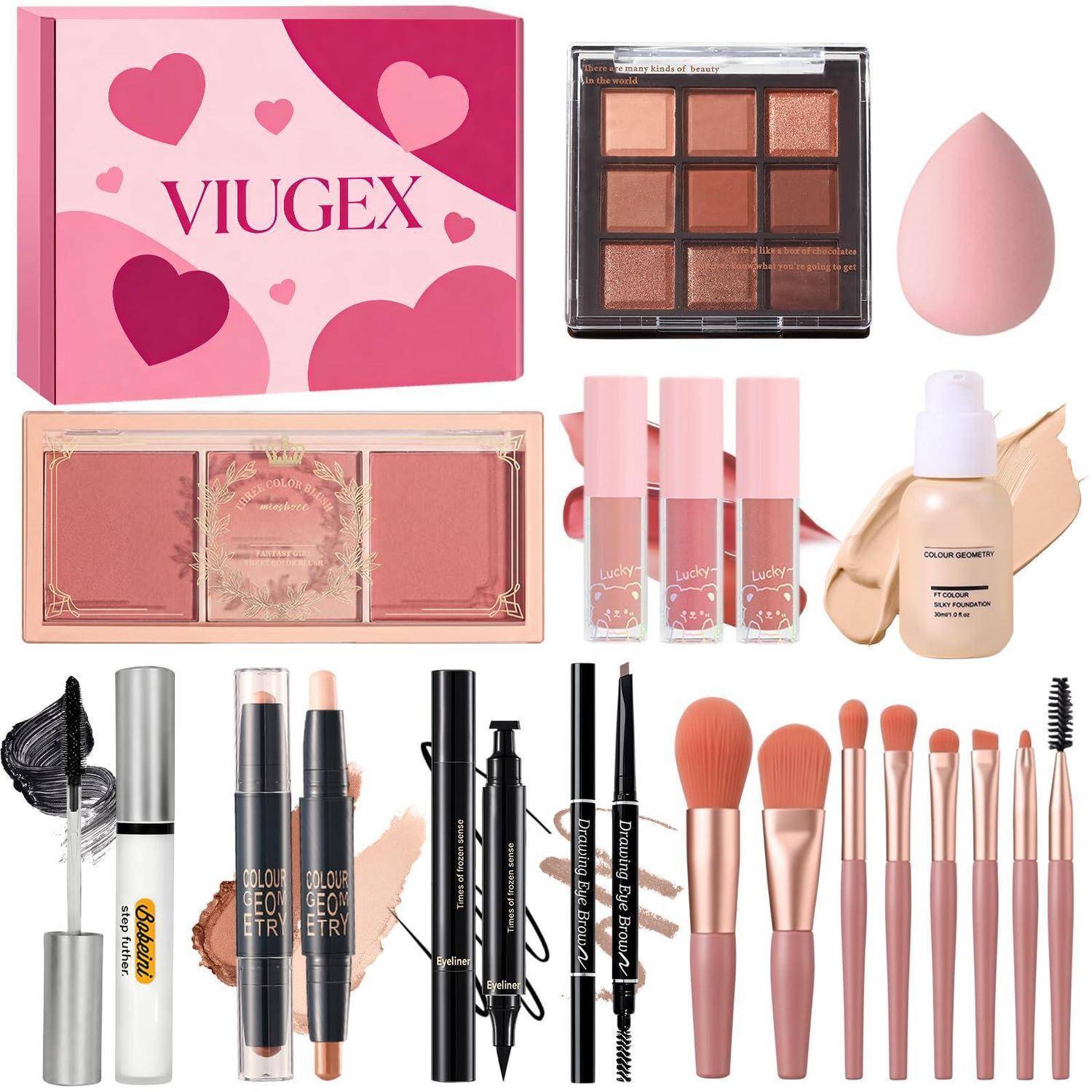 Rosa VIUGEX Make-up-Set mit Lidschattenpalette, Rouge, Foundation, Concealer, Beauty-Schwamm, Mascara, Eyeliner, Augenbrauen-Stift und Make-up-Pinseln.