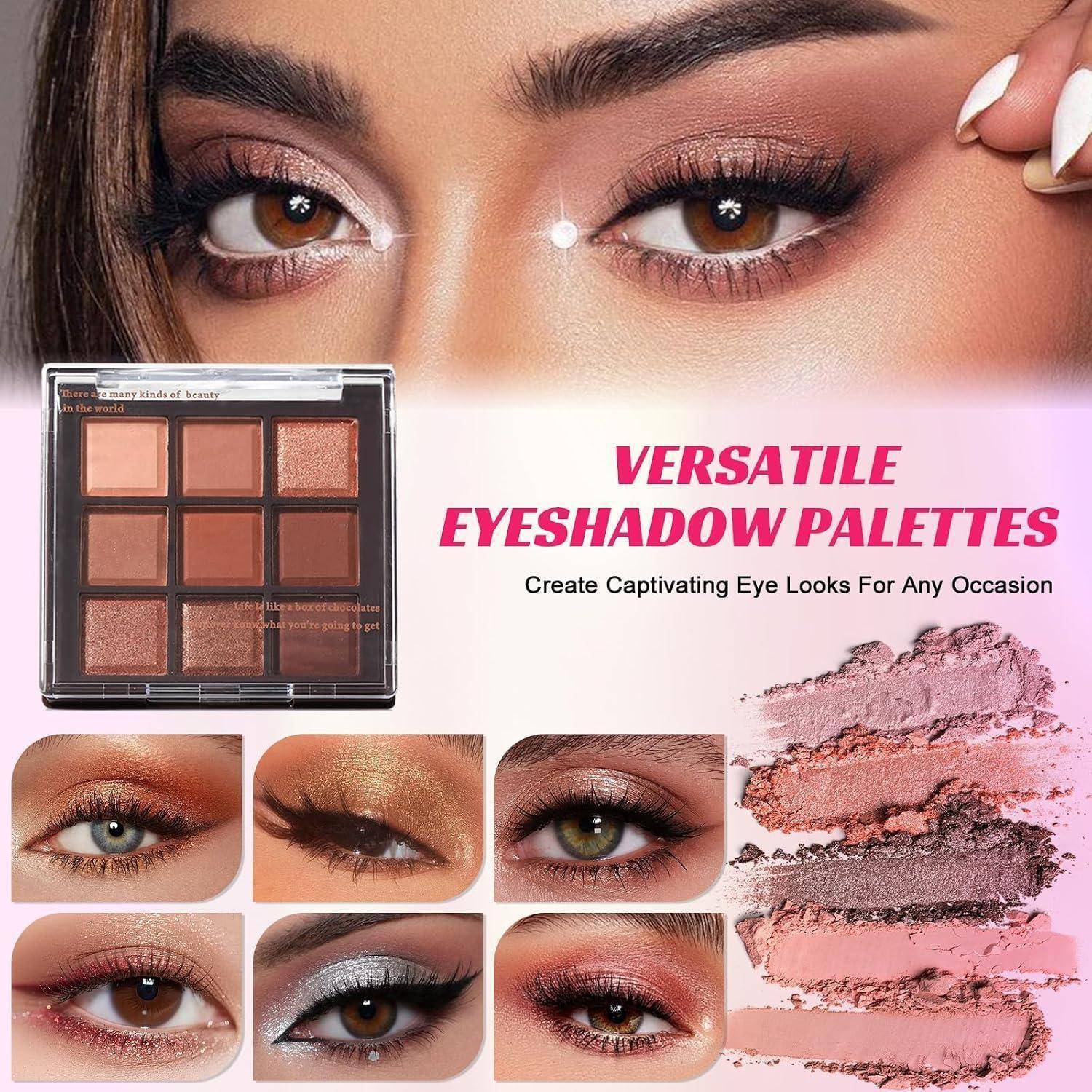 Vielseitige Lidschatten-Paletten mit einer Make-up-Palette, nahaufnahmen von Augen und Farbmustern mit dem Text „Erschaffen Sie fesselnde Augenlooks für jeden Anlass".