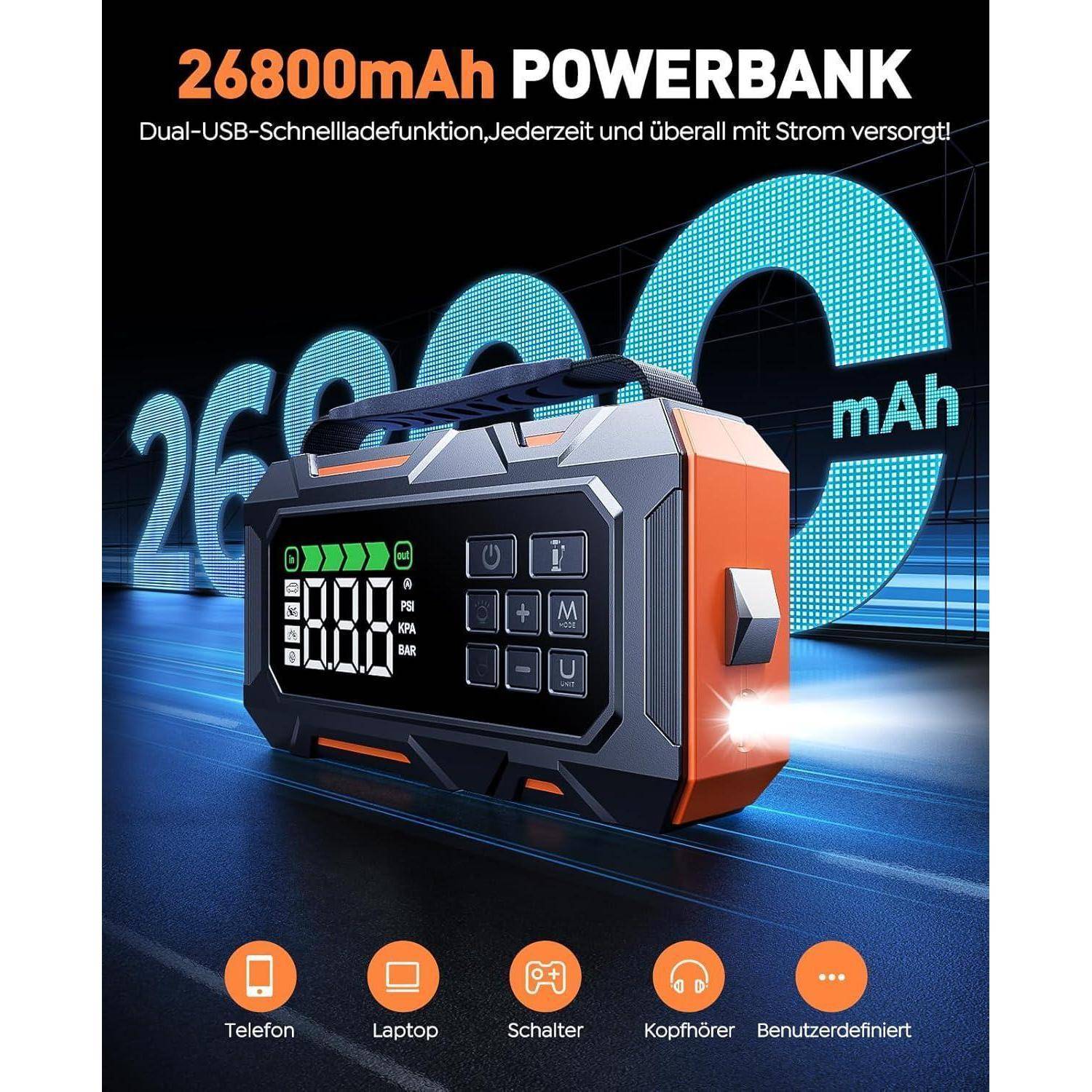 Werbebild einer 26800-mAh-Powerbank mit dualem USB-Schnellladevorgang, digitaler Anzeige und Tasten; Symbole zeigen die Verwendung mit Telefon, Laptop, Switch, Kopfhörern und benutzerdefinierten Geräten.