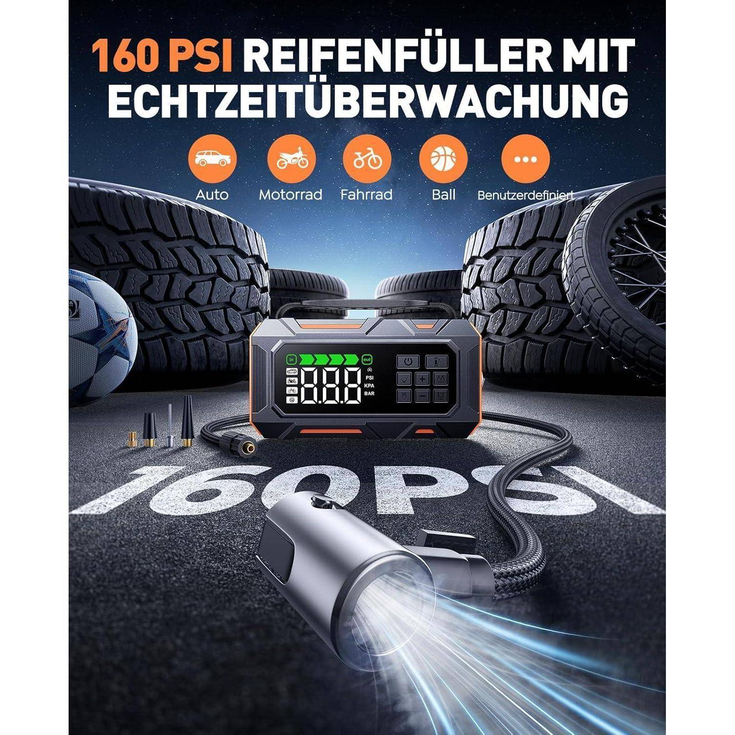 Anzeige für einen 160-PSI-Reifenaufbläser mit Echtzeitüberwachung, der den Kompressor, den Schlauch, die Düse und Modussymbole für Auto, Motorrad, Fahrrad, Ball und benutzerdefinierte Verwendung zeigt.