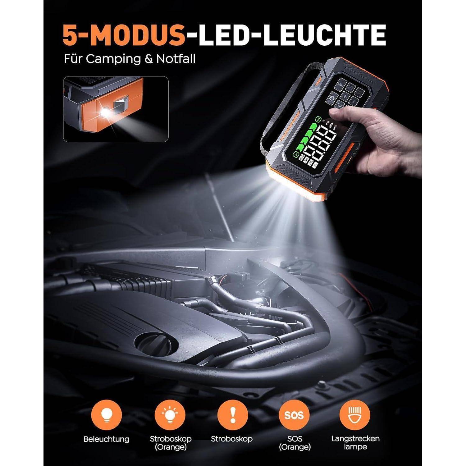 Tragbare LED-Arbeitsleuchte, die in einen Motorraum eines Autos leuchtet, beworben als „5-MODUS-LED-LEUCHTE