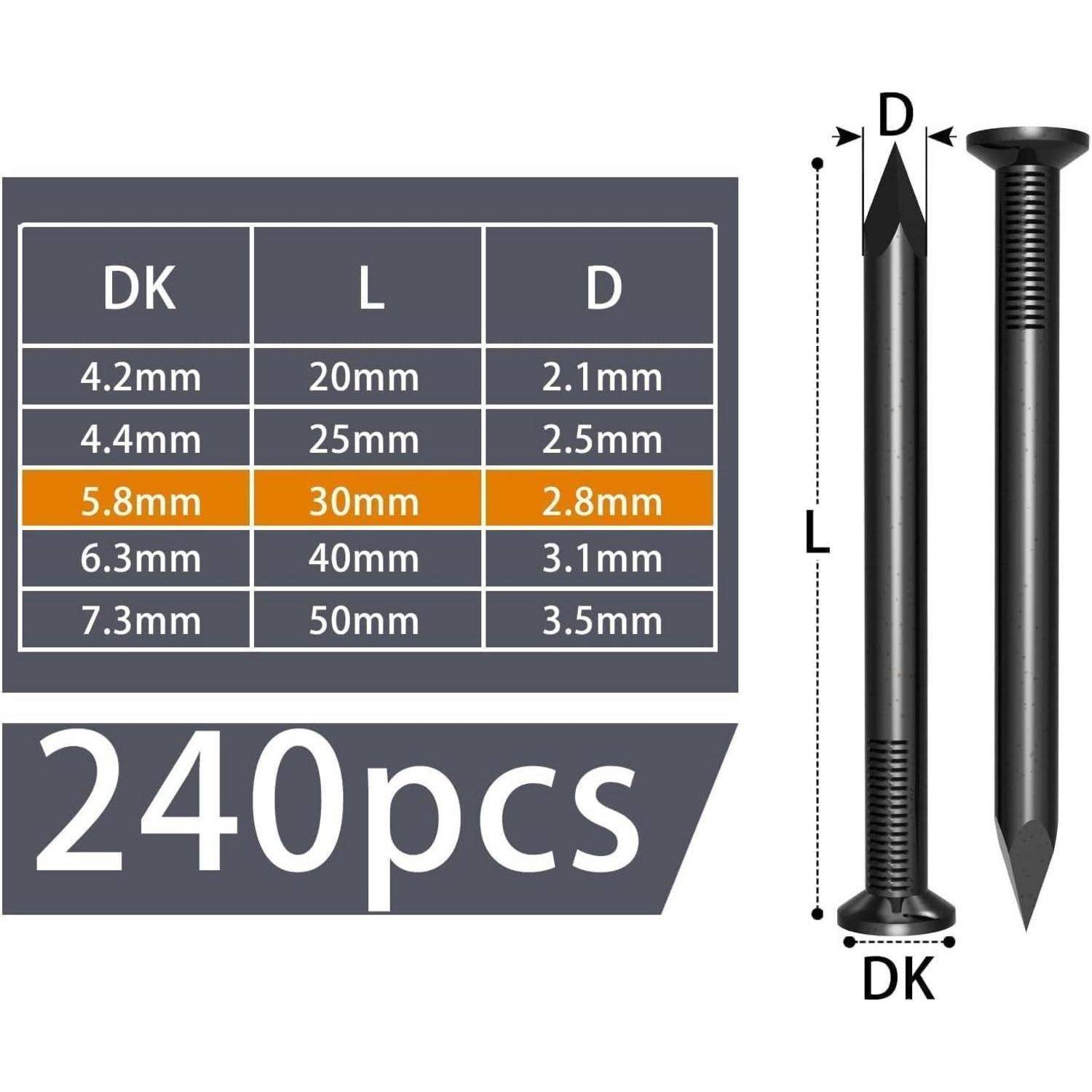 Diagramm von 240 Teilen mit Größentabelle mit den Messwerten DK, L und D; hervorgehobene Größe ist 5,8mm DK, 30mm L, 2,8mm D.