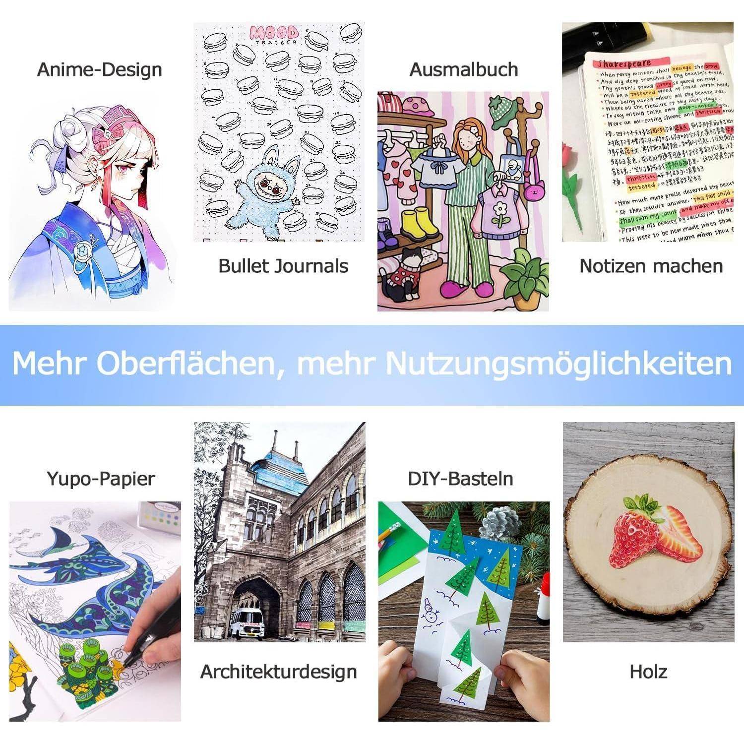 Collage mit verschiedenen Verwendungsmöglichkeiten für Oberflächen: Anime-Design, Bullet Journals, Malbücher, Notizenmachen, Yupo-Papier, Architekturdesign, DIY-Handwerk und Holzmalerei.