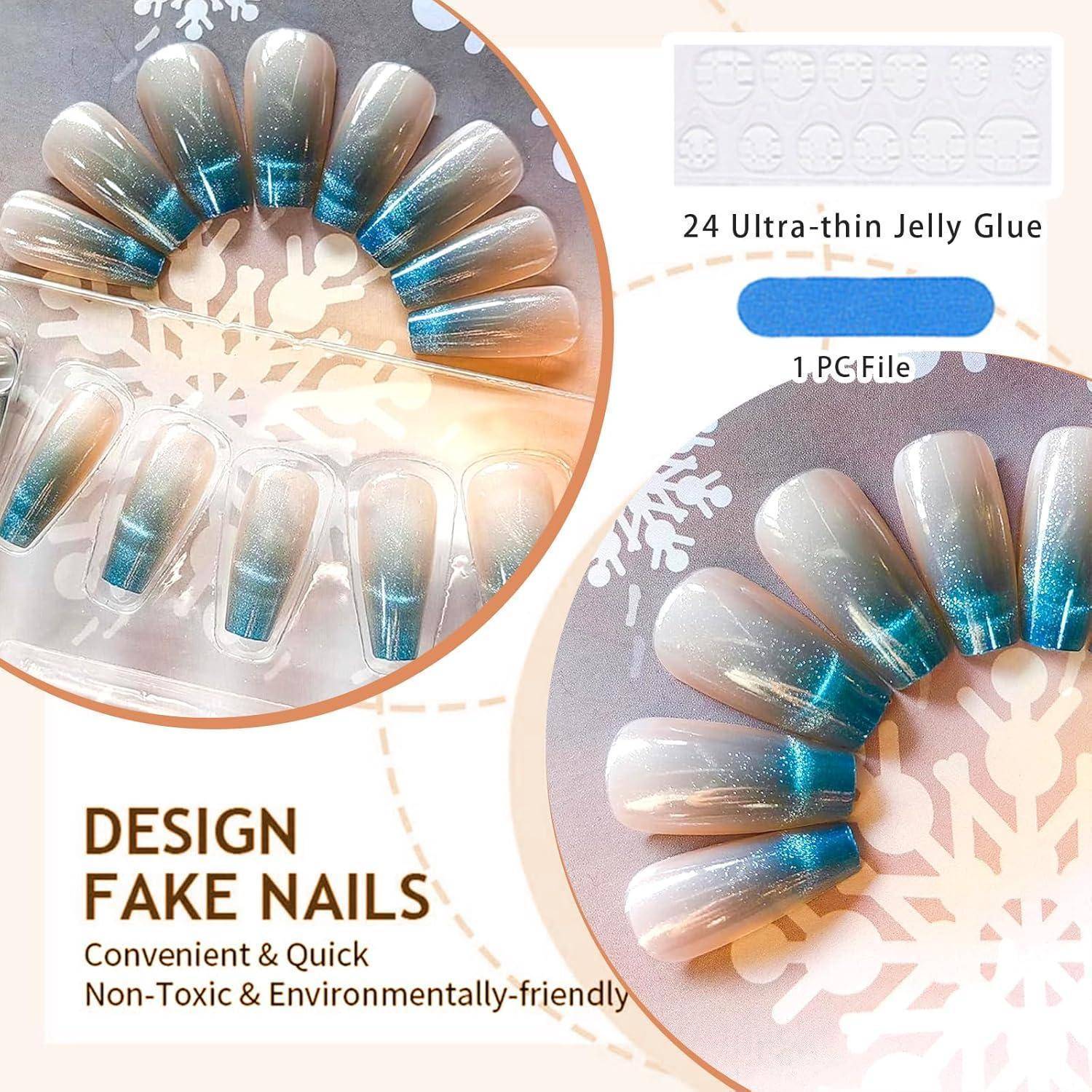 Werbebild von schimmernden aufklebbaren Kunstnägeln, das 24 ultradünne Gel-Klebeblättchen und eine Feile zeigt; der Text besagt „DESIGN-KUNSTNÄGEL