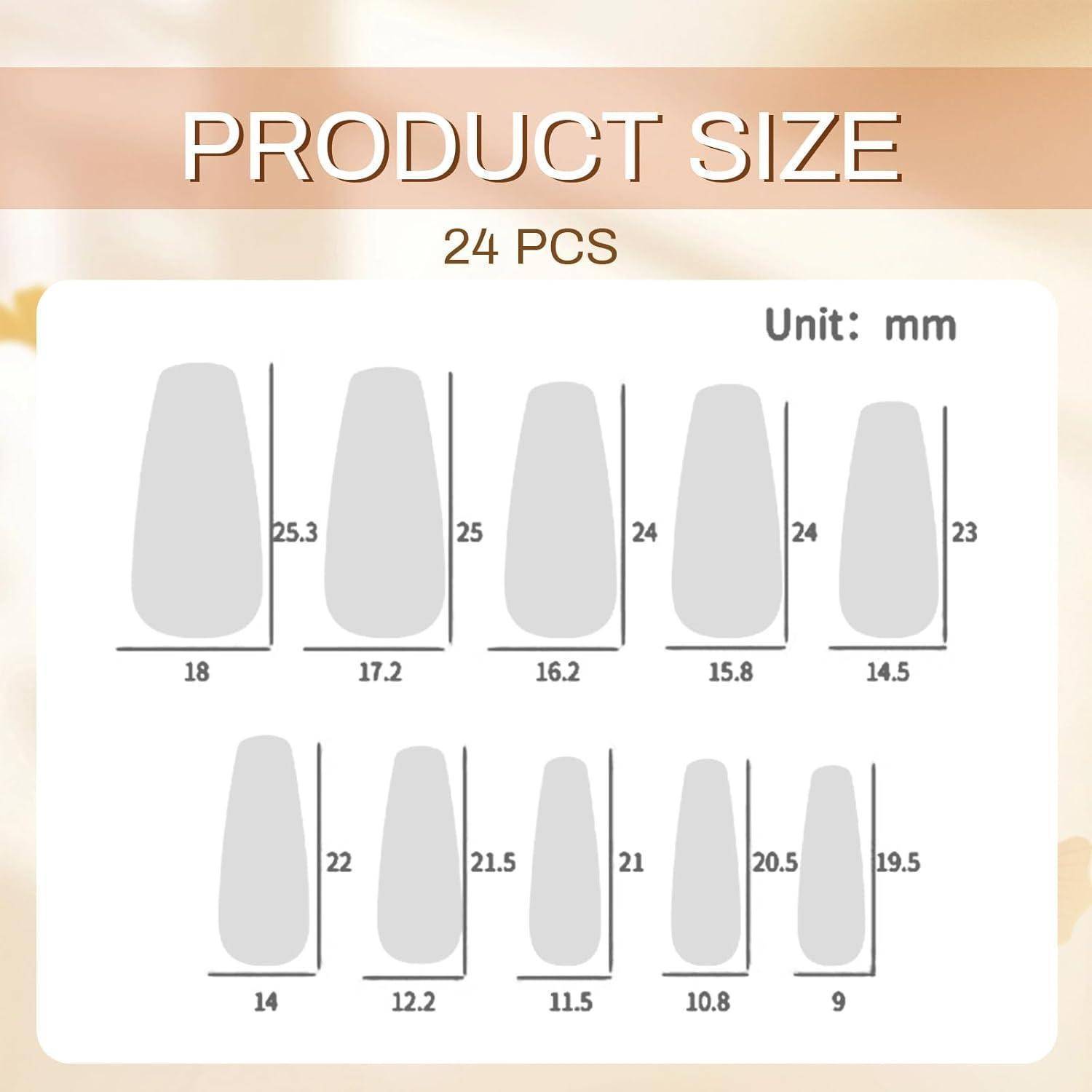 Produktgrößentabelle für 24 Teile, die 10 Nagelformen in mm mit Breiten von 18 bis 9 und Längen von 25,3 bis 19,5 zeigt.