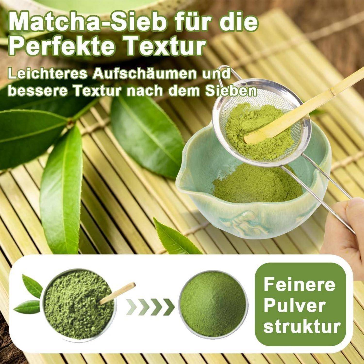 Matcha Set 7-Teilig aus Keramik mit Bambus Besen Chasen | Matcha Schale mit Ausgießer, Keramik Besenhalter, Sieb, Löffel, Teetuch, Japanisches Match