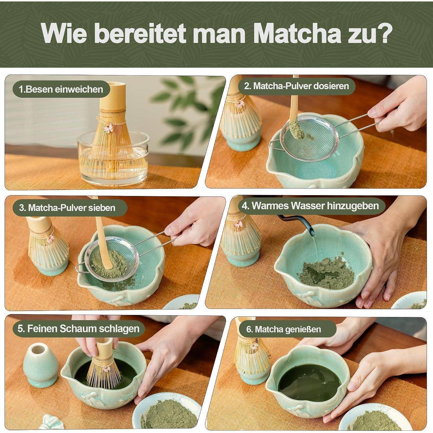 Matcha Set 7-Teilig aus Keramik mit Bambus Besen Chasen | Matcha Schale mit Ausgießer, Keramik Besenhalter, Sieb, Löffel, Teetuch, Japanisches Match