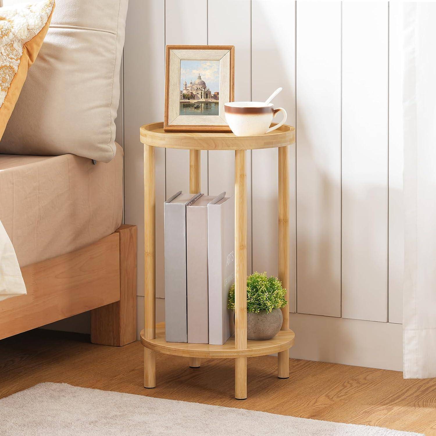 HOOBRO Beistelltisch rund aus Bambus, Nachttisch mit erhöhtem Rand, Sofatisch modern, für kleine Räume, Wohnzimmer, Schlafzimmer, Flur, Eingangsber